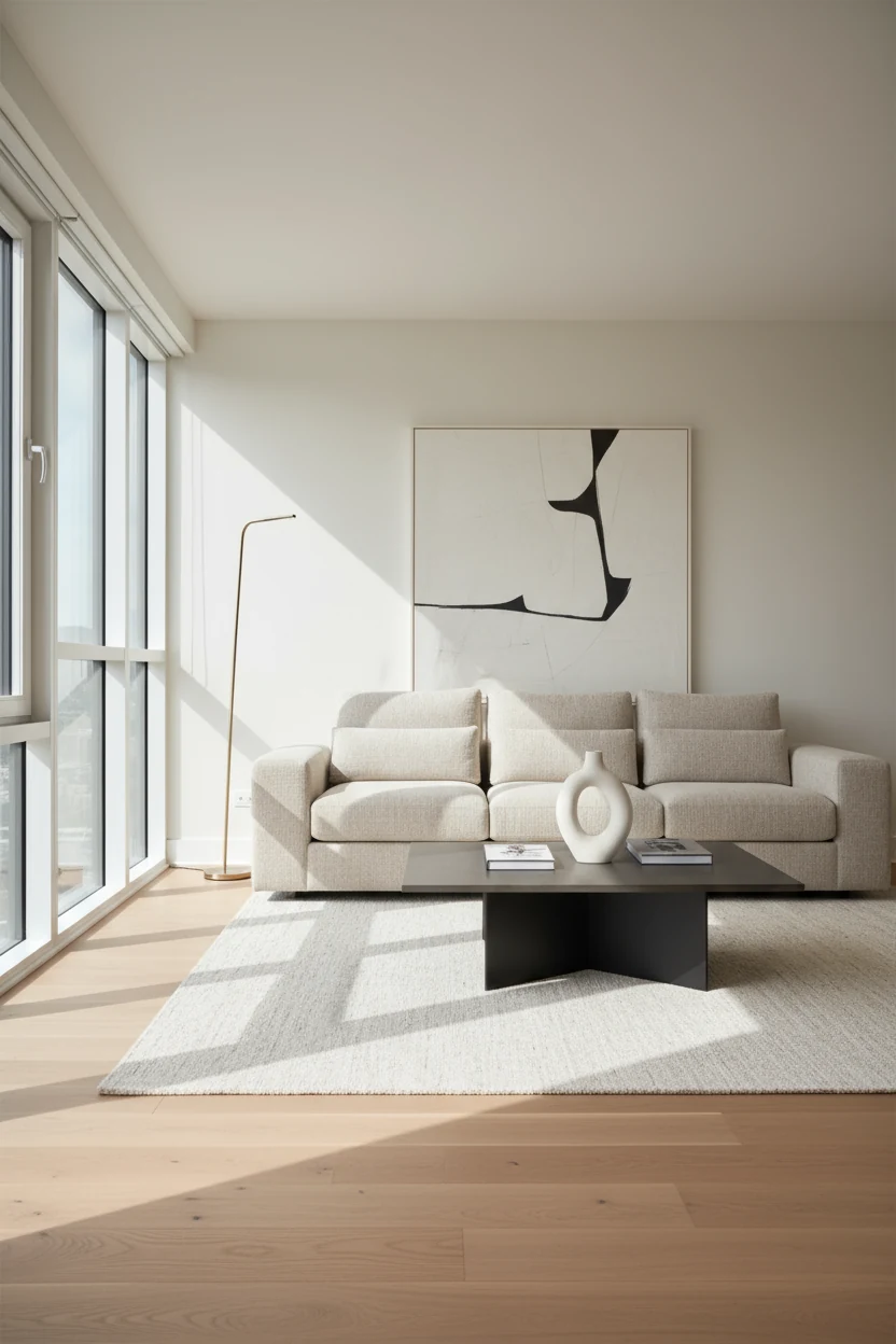 Here’s your JSON array with 4 photorealistic prompts, drawn strictly from the Modern Cozy Minimalist description, ordere