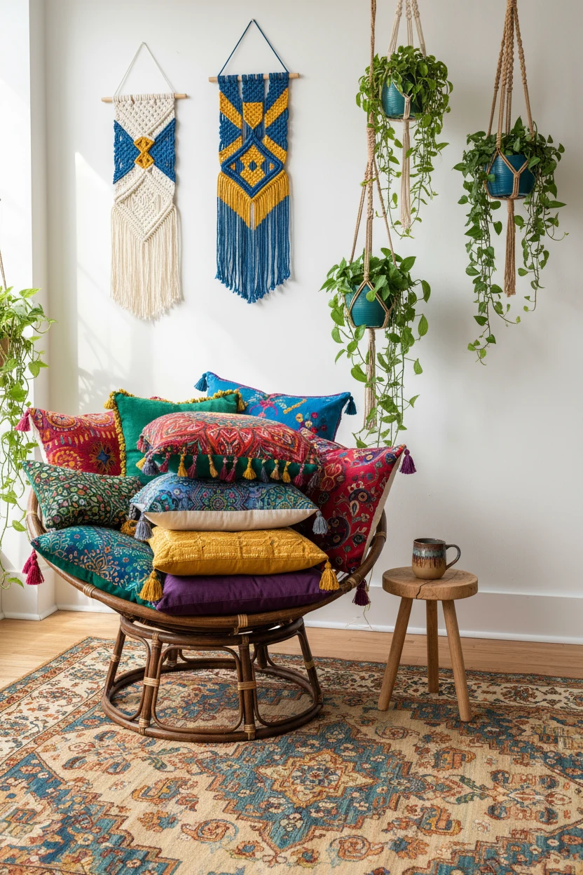 Closeup detail of a bright bohemian living room corner showing layered colorful throw pillows in bold jewel tones on a r