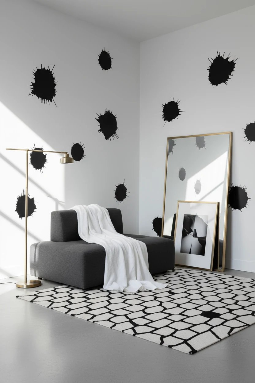 Straight-on view of a minimalist monochrome studio corner with black, white, and soft grey palette, modular loveseat dra