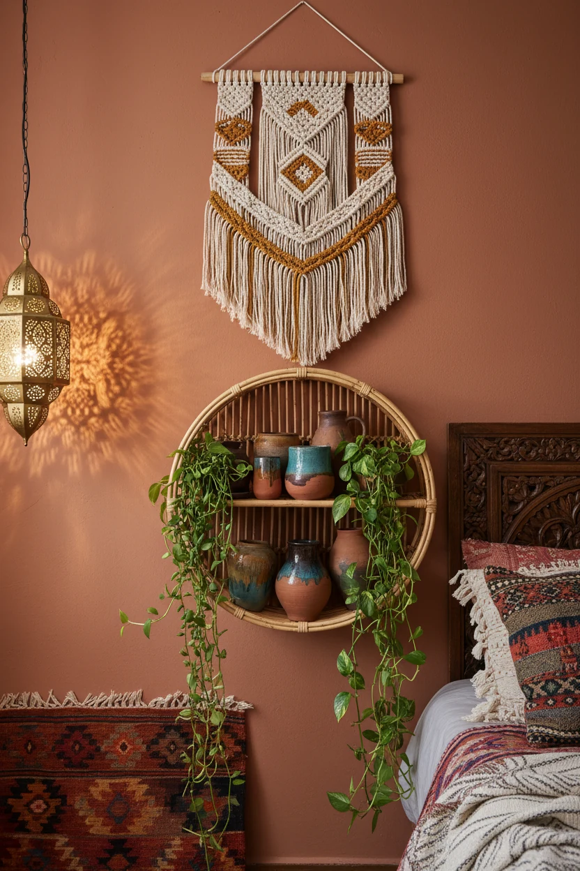 Closeup detail shot focusing on a warm terracotta accent wall with layered bohemian decor, woven macramé wall hanging, r