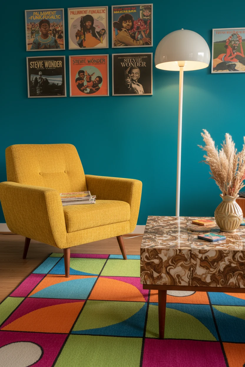 Closeup corner view of a retro funk living room featuring a mustard yellow thrifted armchair, geometric print rug with b