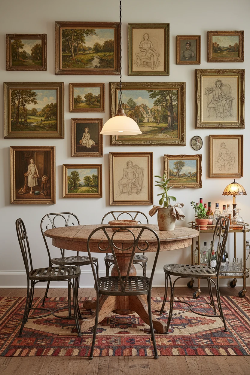 3. Straight-on medium shot of an eclectic artist’s dining nook: wood pedestal table with mismatched metal bistro chairs 