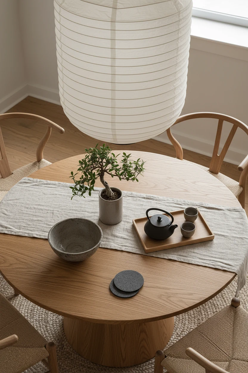 Photorealistic overhead detail shot of a warm Japandi dining nook tabletop: the honey-toned oak pedestal table surface w
