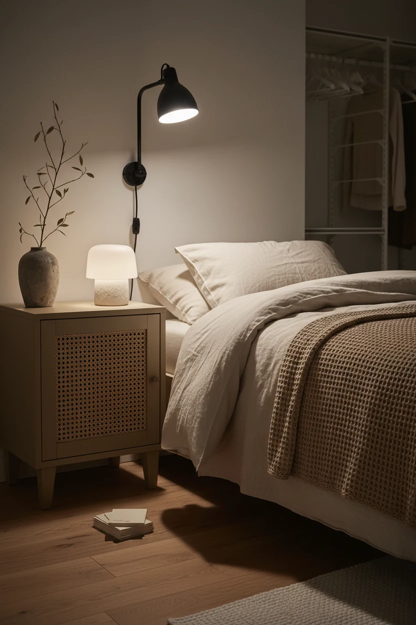 3. Closeup detail, photorealistic Japandi nightstand vignette: IVAR cabinet painted warm taupe with a cane webbing door 