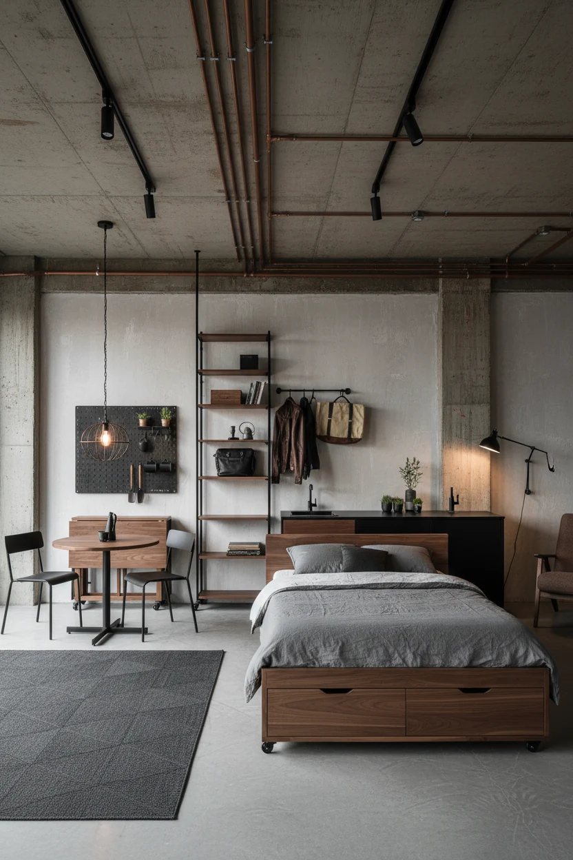 3. Photorealistic wide straight-on shot of an industrial studio layout: exposed pipe and uneven walls, warm walnut and m