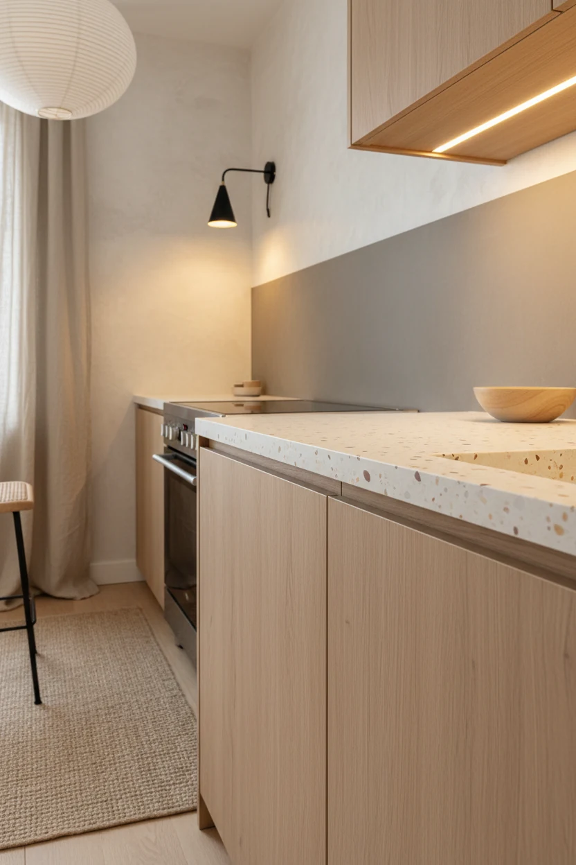 Photorealistic closeup detail of Japandi textures along the galley: rift-cut ash cabinet front with finger pull beside c