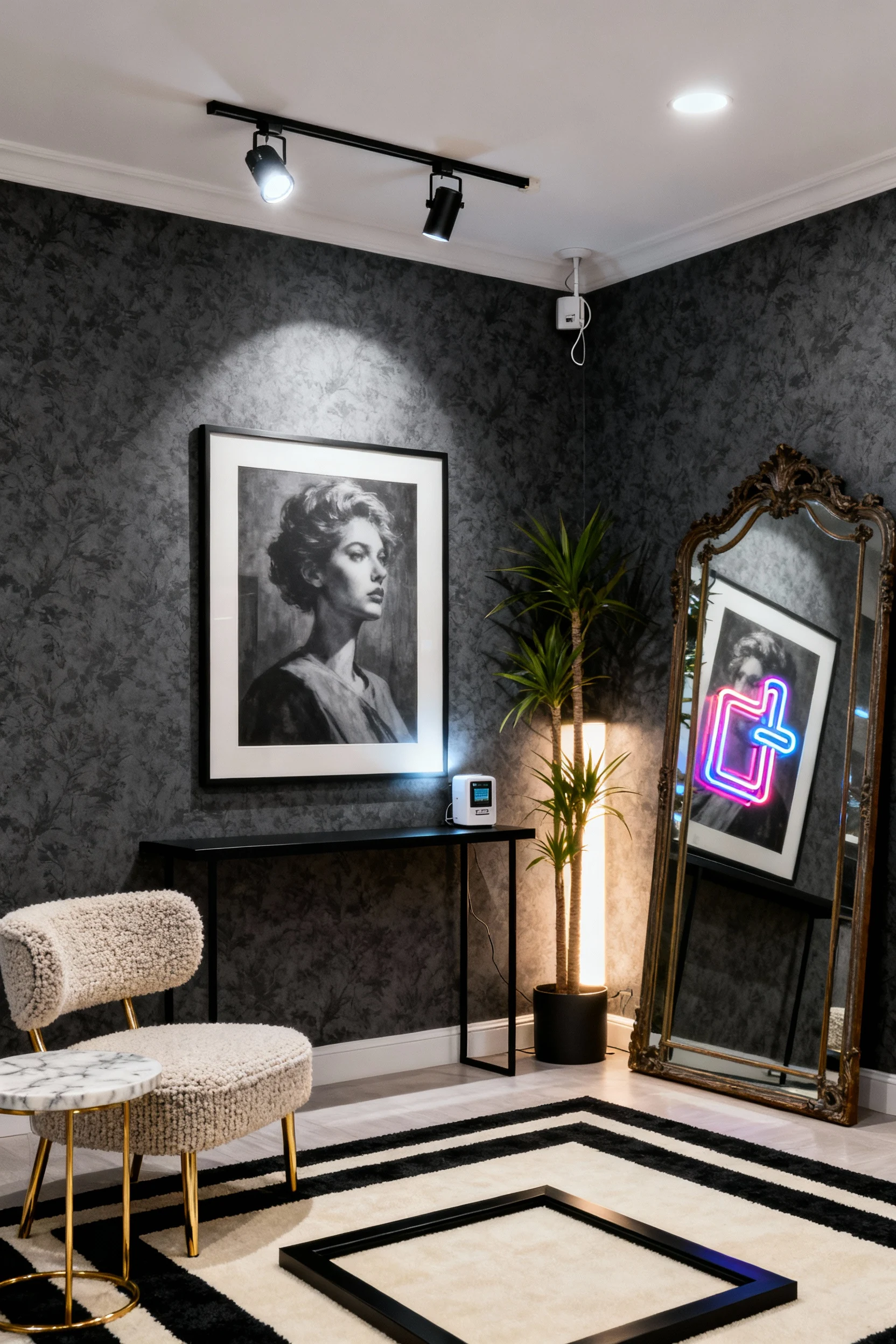 3. Straight-on medium vignette of a Gallery Noir accent room: charcoal peel-and-stick wallpaper behind a slim black cons