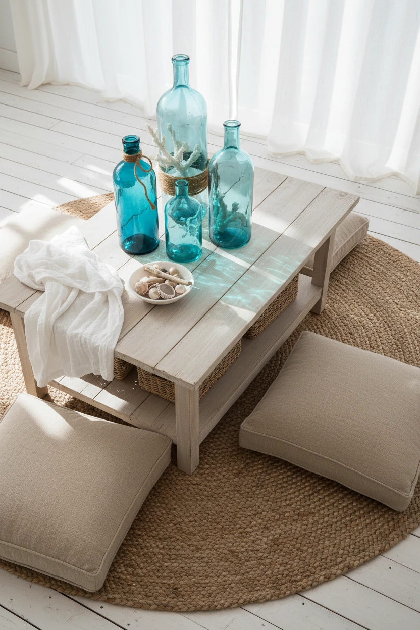 Overhead detail shot of a coastal-inspired coffee table scene on a woven jute rug, surrounded by sandy beige cushions on