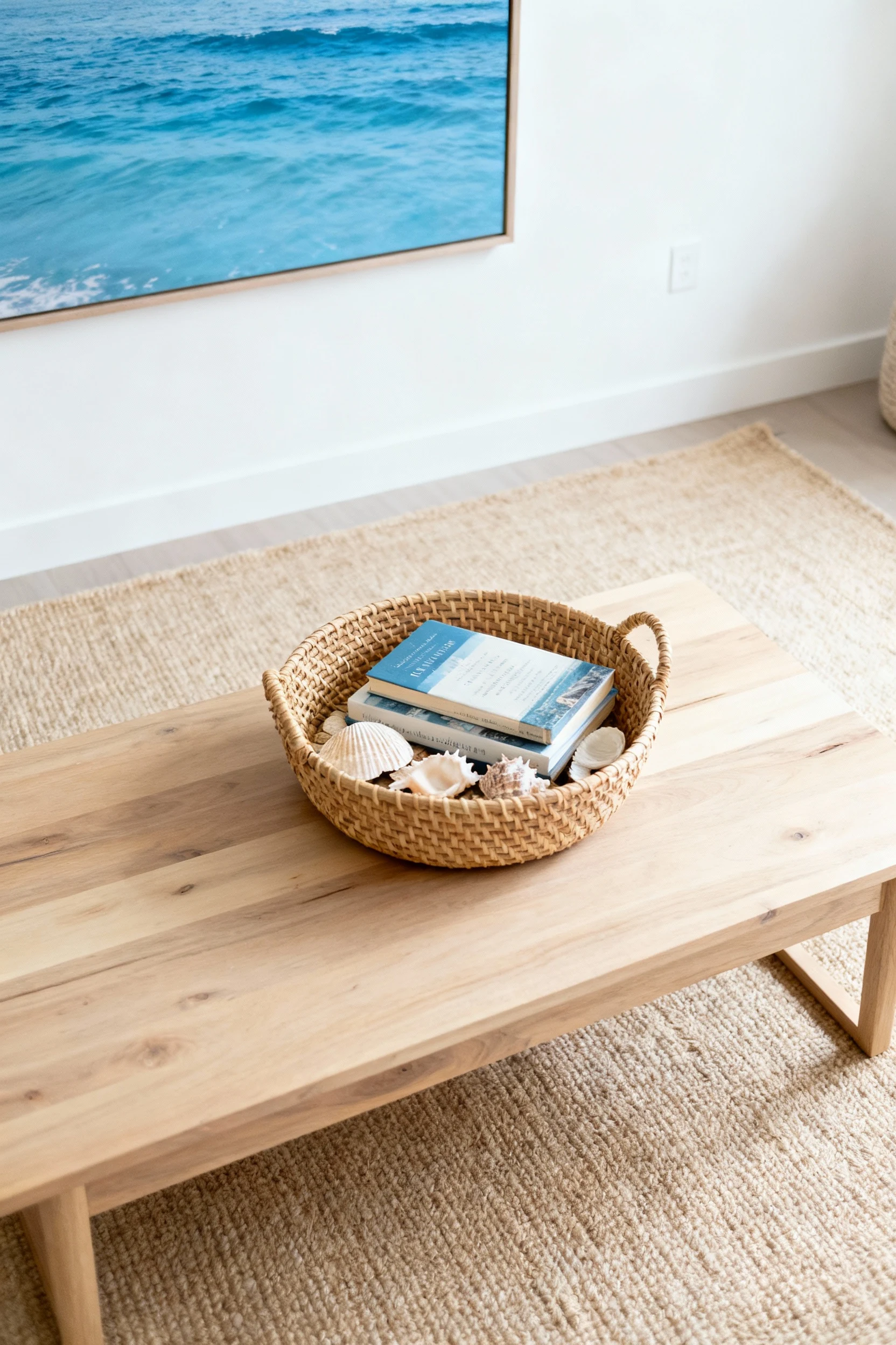 Overhead shot of a coastal minimal coffee table made of light wood, topped with a woven rattan basket holding books and 
