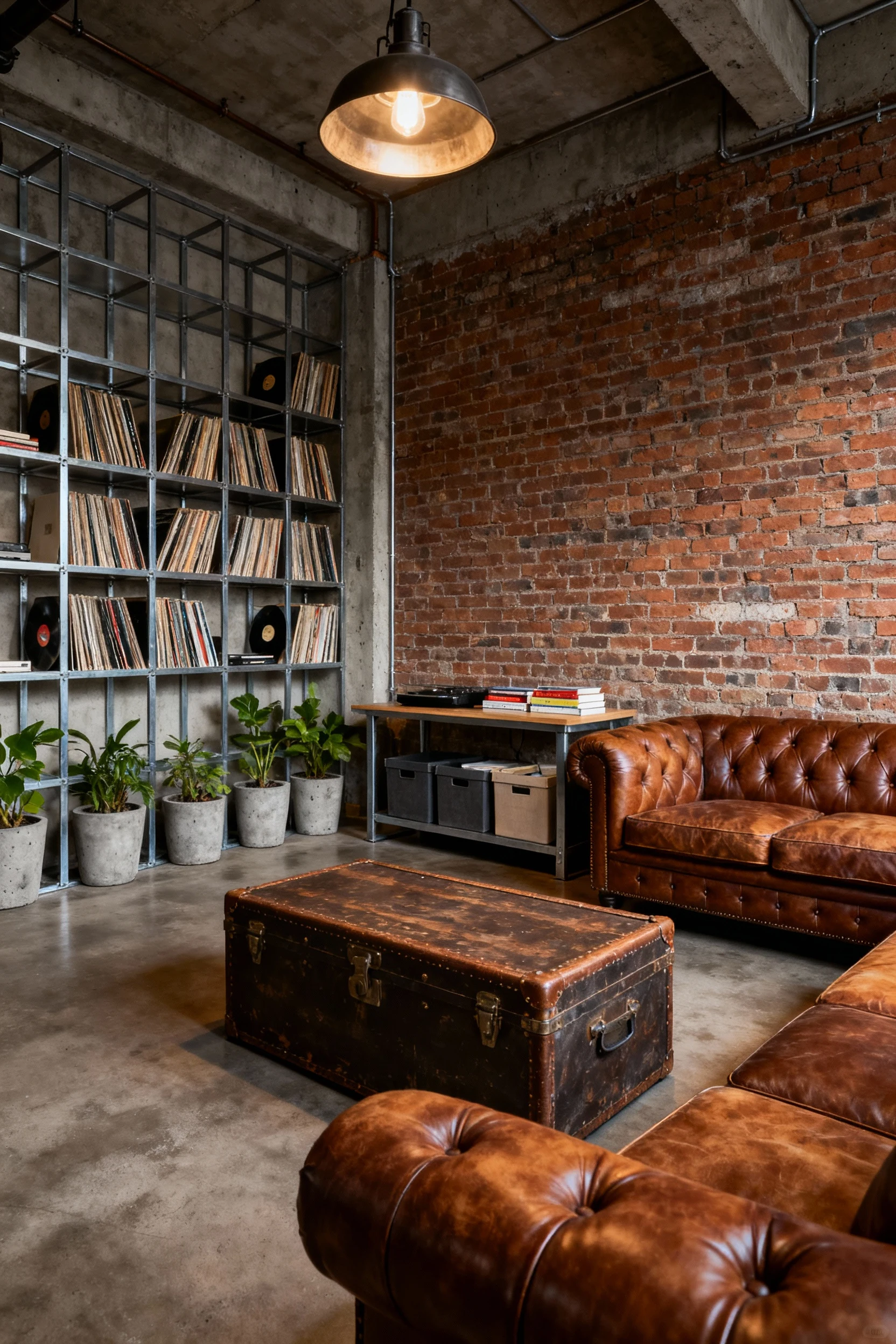 Wide-angle view of an industrial-style loft living room with exposed brick wall, tufted leather sofa in warm brown, slim