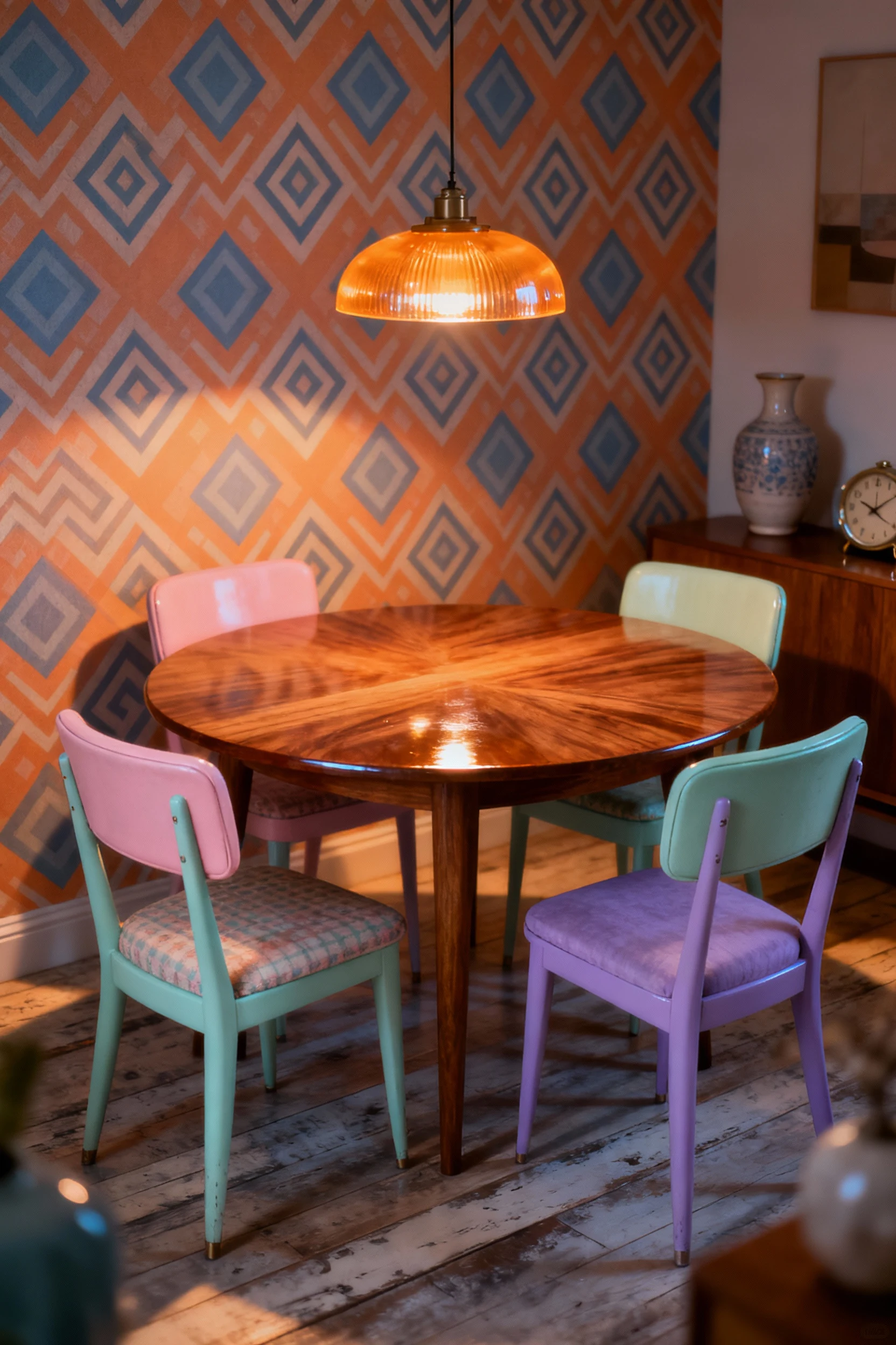 Corner-perspective medium shot of an eclectic retro dining area with a glossy round 1960s wooden table, mismatched dinin
