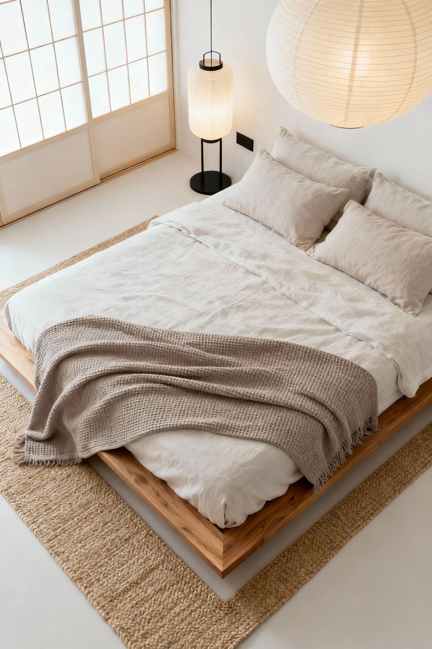 Photorealistic overhead detail shot focusing on Japandi textures: crisp linen bedding with a soft taupe waffle blanket a