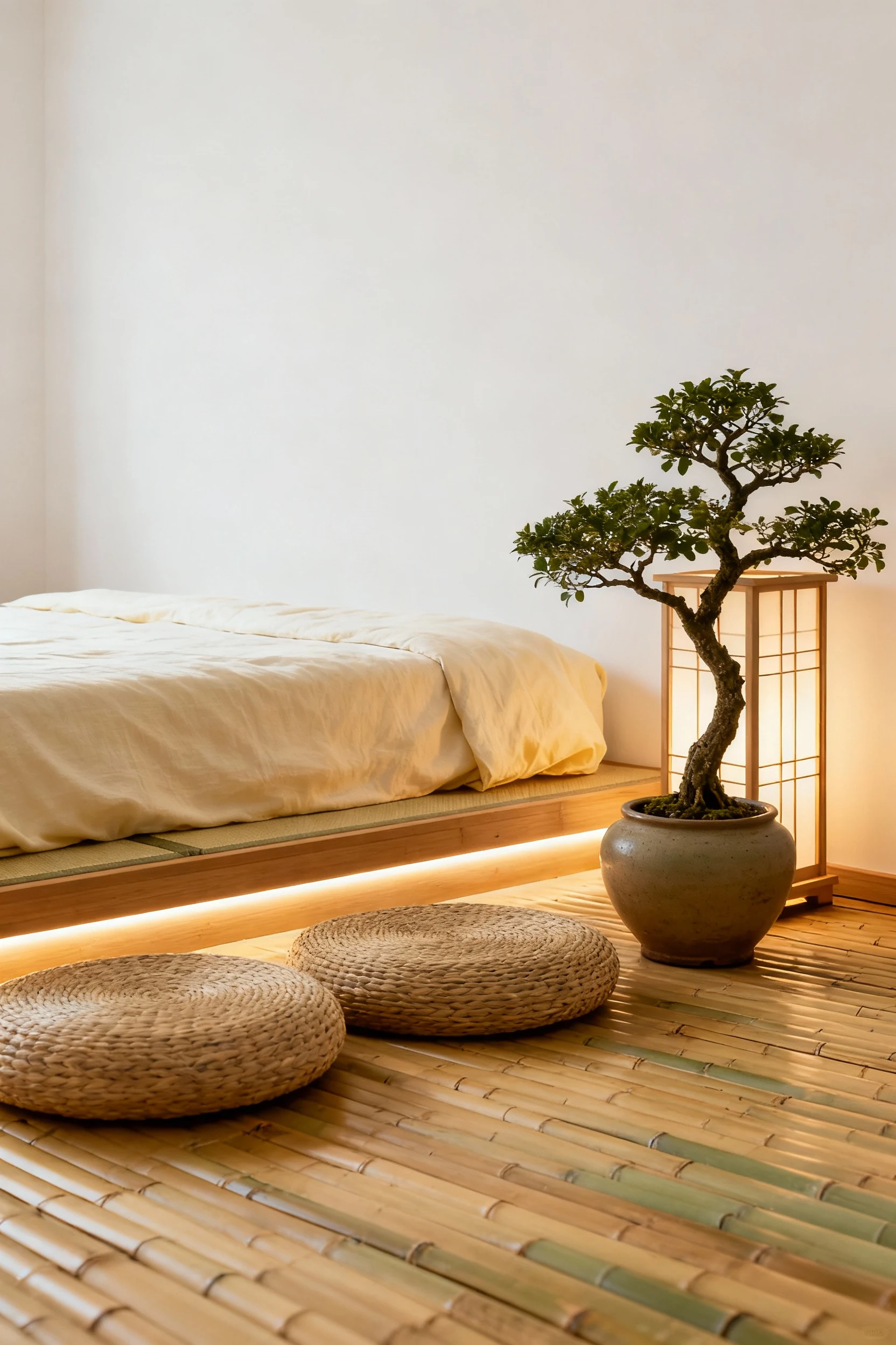 Closeup detail of a Minimalist Zen Retreat corner with smooth bamboo flooring, low Japanese-style futon bed platform in 
