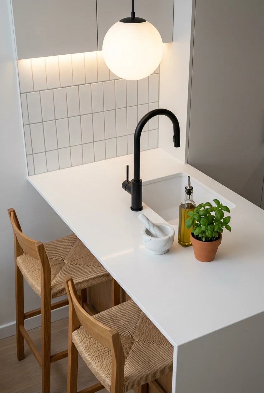 3. Overhead detail shot of a matte-white micro kitchen peninsula: slim white quartz countertop with an integrated matte-