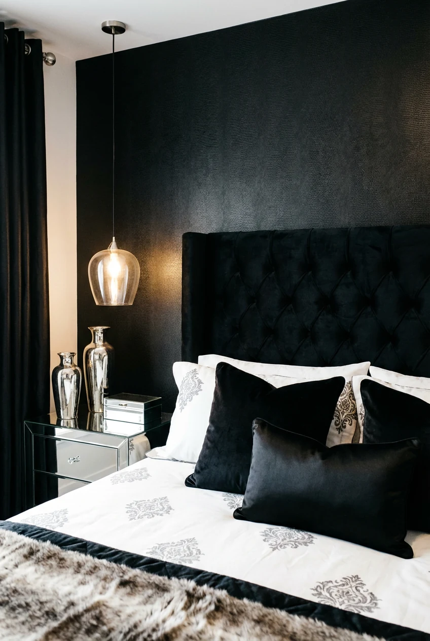 Closeup detail shot of a chic monochrome glam bedroom showing the black tufted headboard framed against a deep black acc