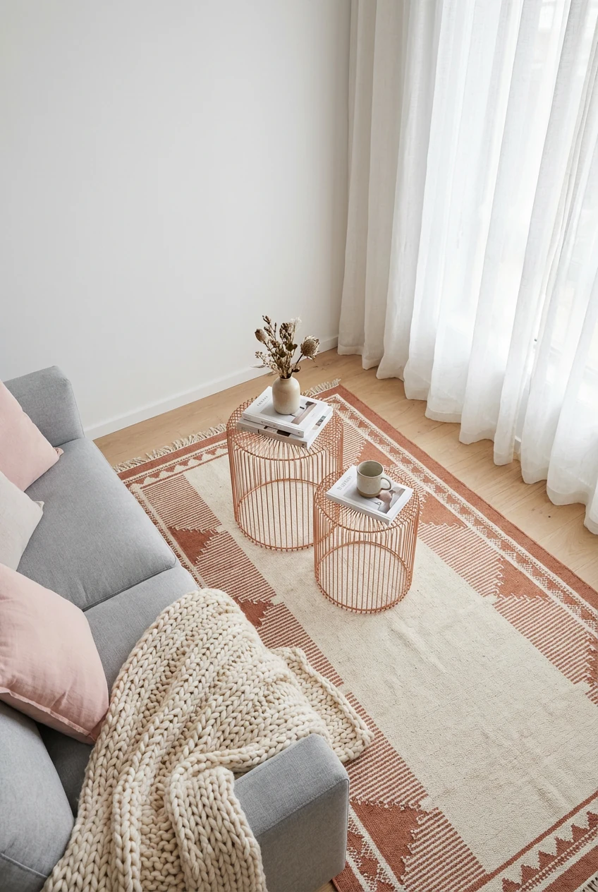 Photorealistic overhead detail shot in a Scandinavian studio: pair of rose gold wire side tables styled on a cream-and-c