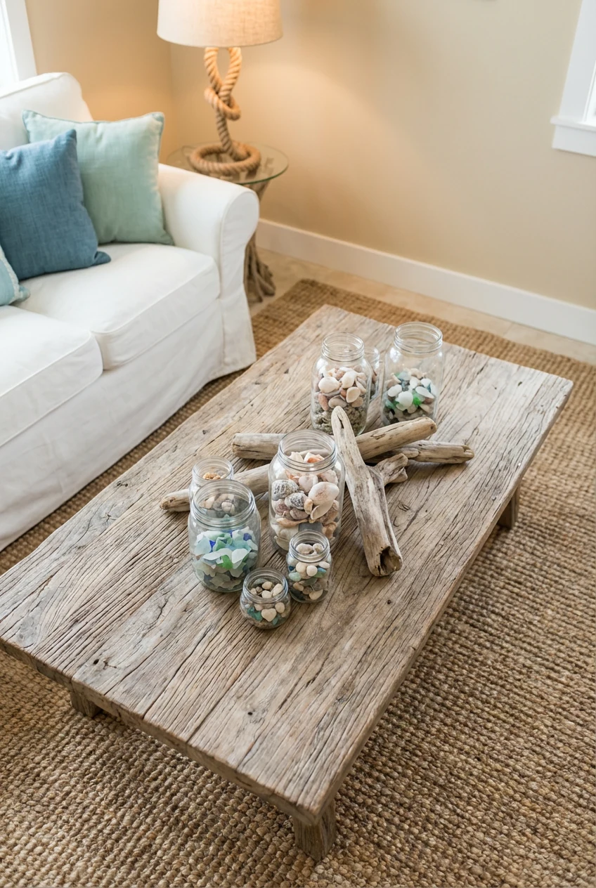 Overhead detail shot of a coastal neutral living room coffee table styled with driftwood texture, glass jars filled with