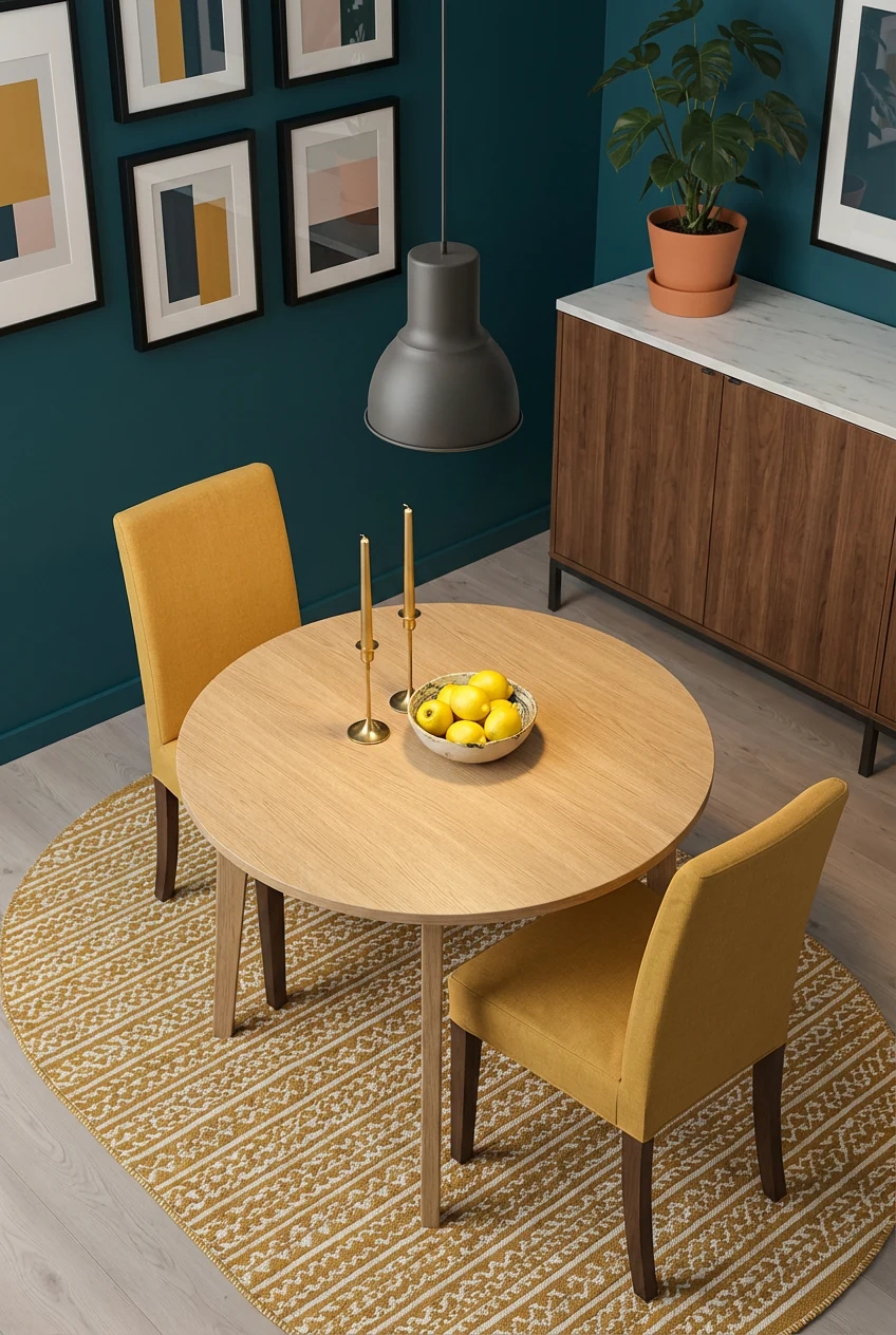 3. Overhead three-quarter shot of a bold mid-century bistro nook: a round LISABO table styled with two taper candles and
