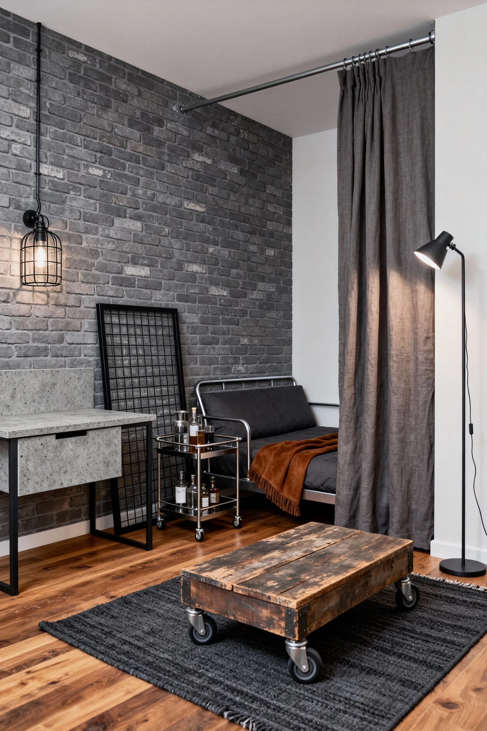 Straight‑on medium shot of an industrial‑chic micro loft: faux‑brick peel‑and‑stick wall, small desk with concrete‑look 