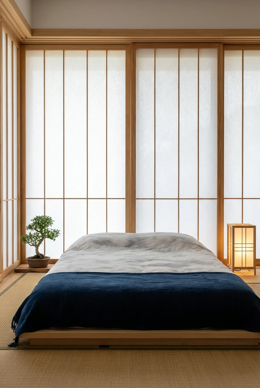 3. Medium straight-on view: Japanese-inspired shoji screens with rice paper in slim wood frames gently diffusing dayligh