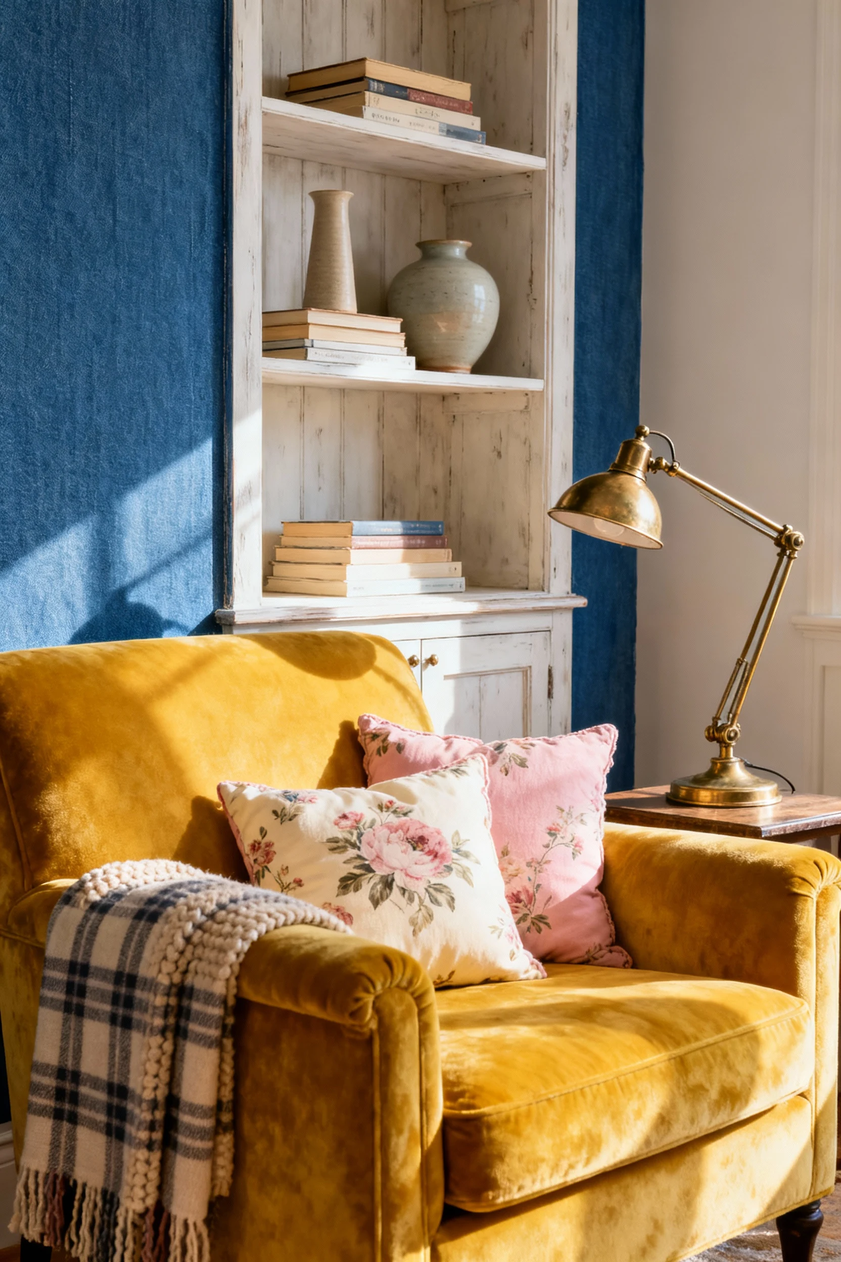 Photorealistic three-quarter wide view: denim blue back wall behind a buttery yellow velvet loveseat; checked throw and 