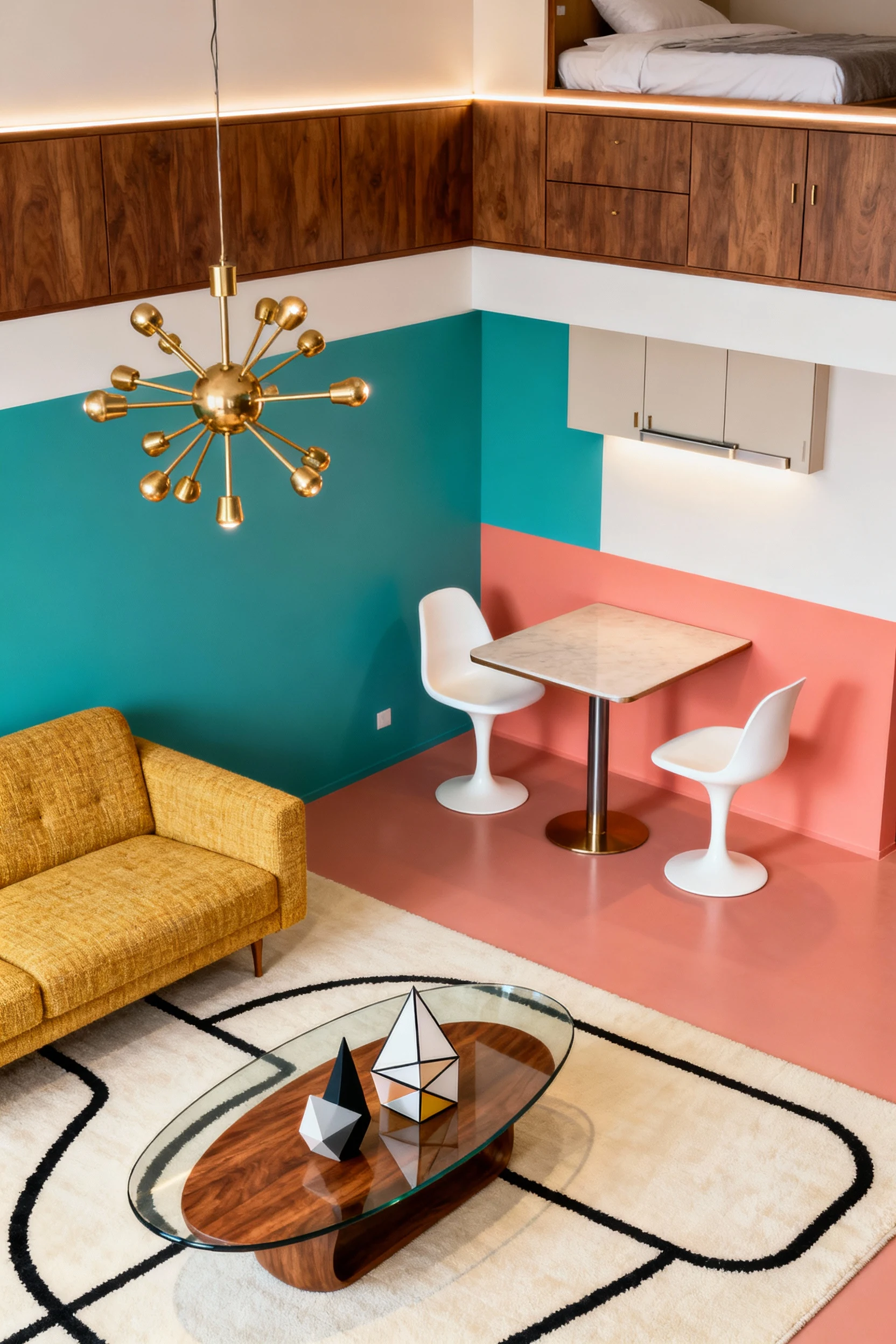 Overhead detail shot of a color-blocked mid-century pop lounge: a graphic cream rug with black lines, a glass-and-walnut