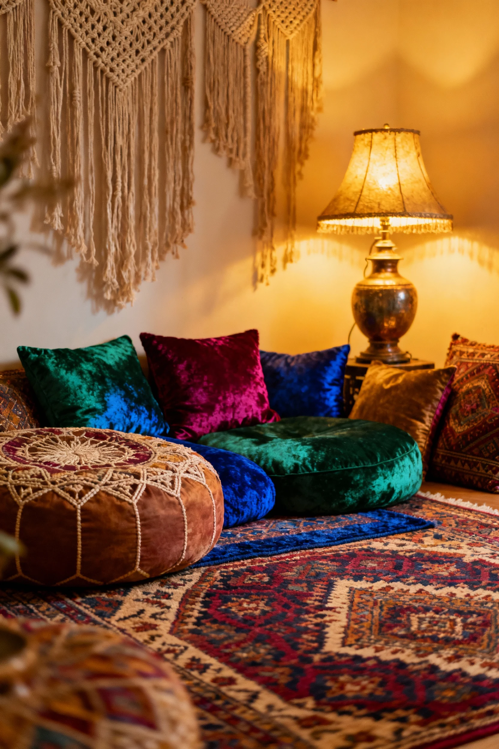 Medium shot of a vibrant boho retreat corner featuring layered patterned rugs in rich colors, oversized floor cushions, 