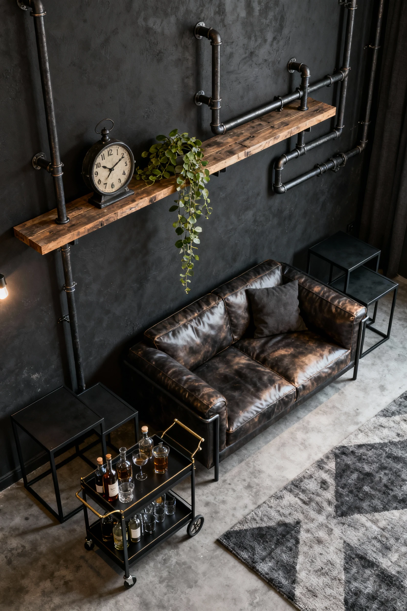Photorealistic overhead view from near-ceiling into an industrial chic corner with charcoal walls: DIY pipe-and-plank sh