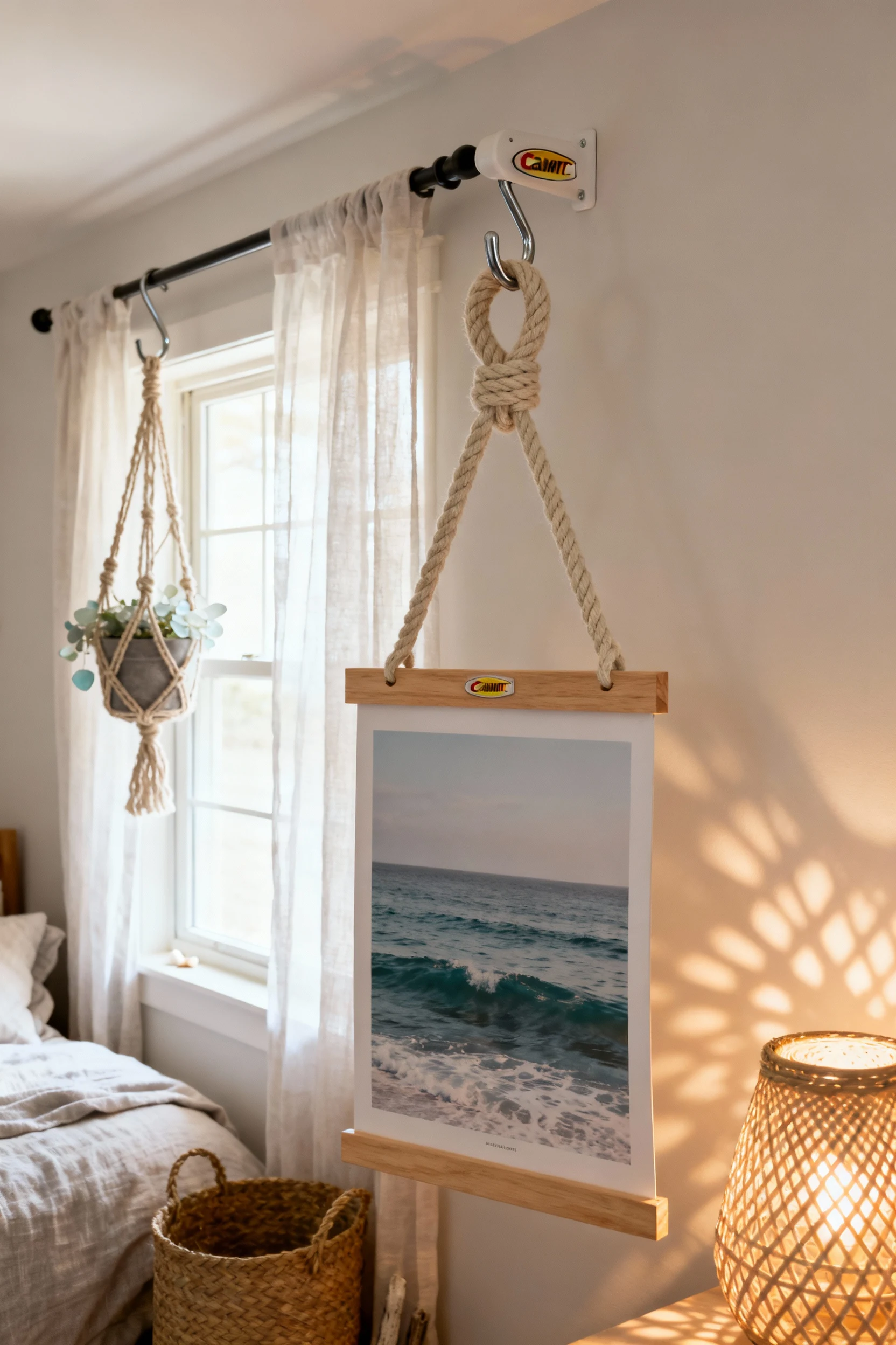 Photorealistic close-up detail: cotton rope looped over Command Jumbo Hooks suspending a lightweight wood poster hanger 