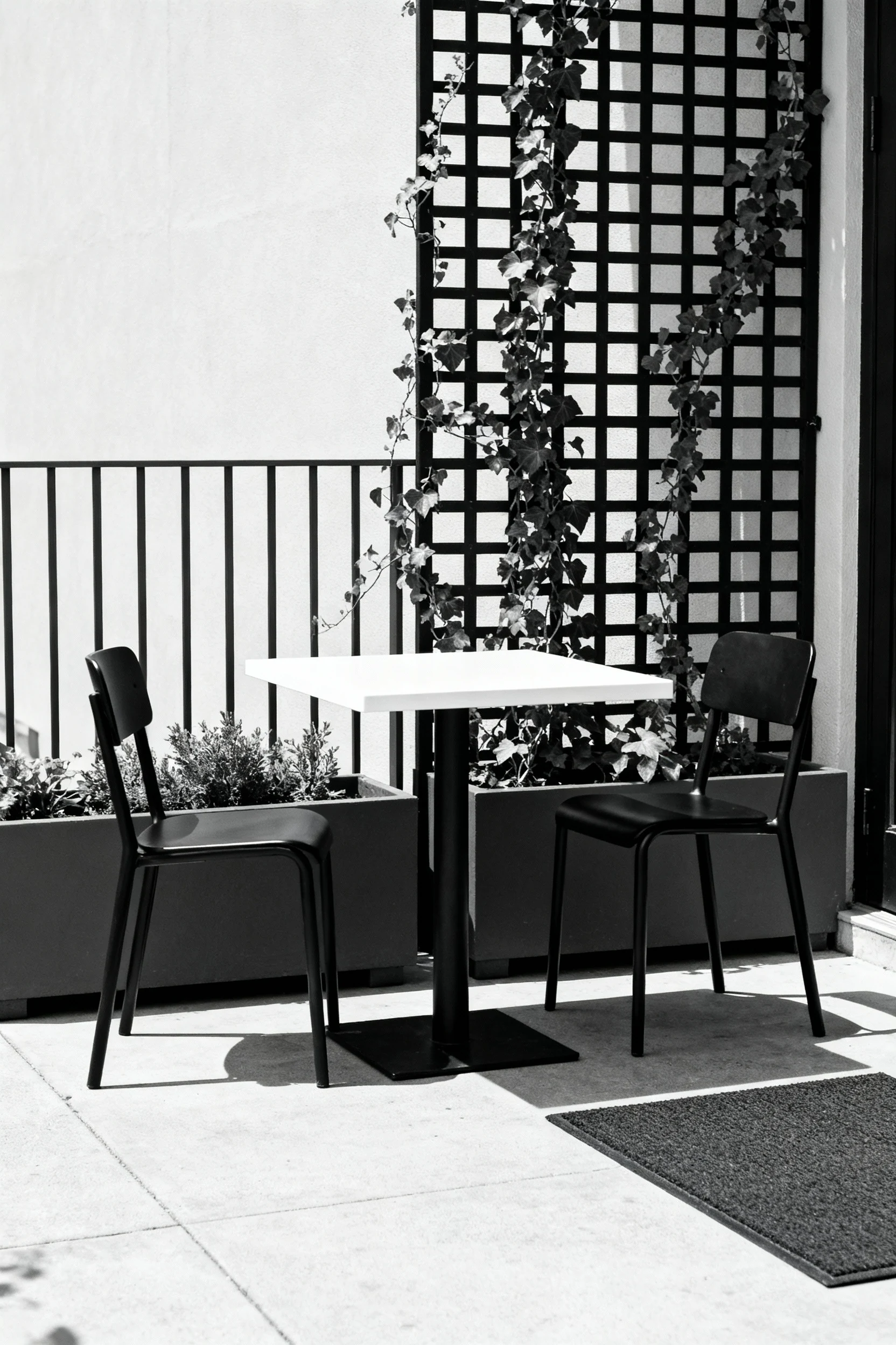 Photorealistic medium low-angle shot of a monochrome minimalist perch: slim black café chairs flanking a white square ta