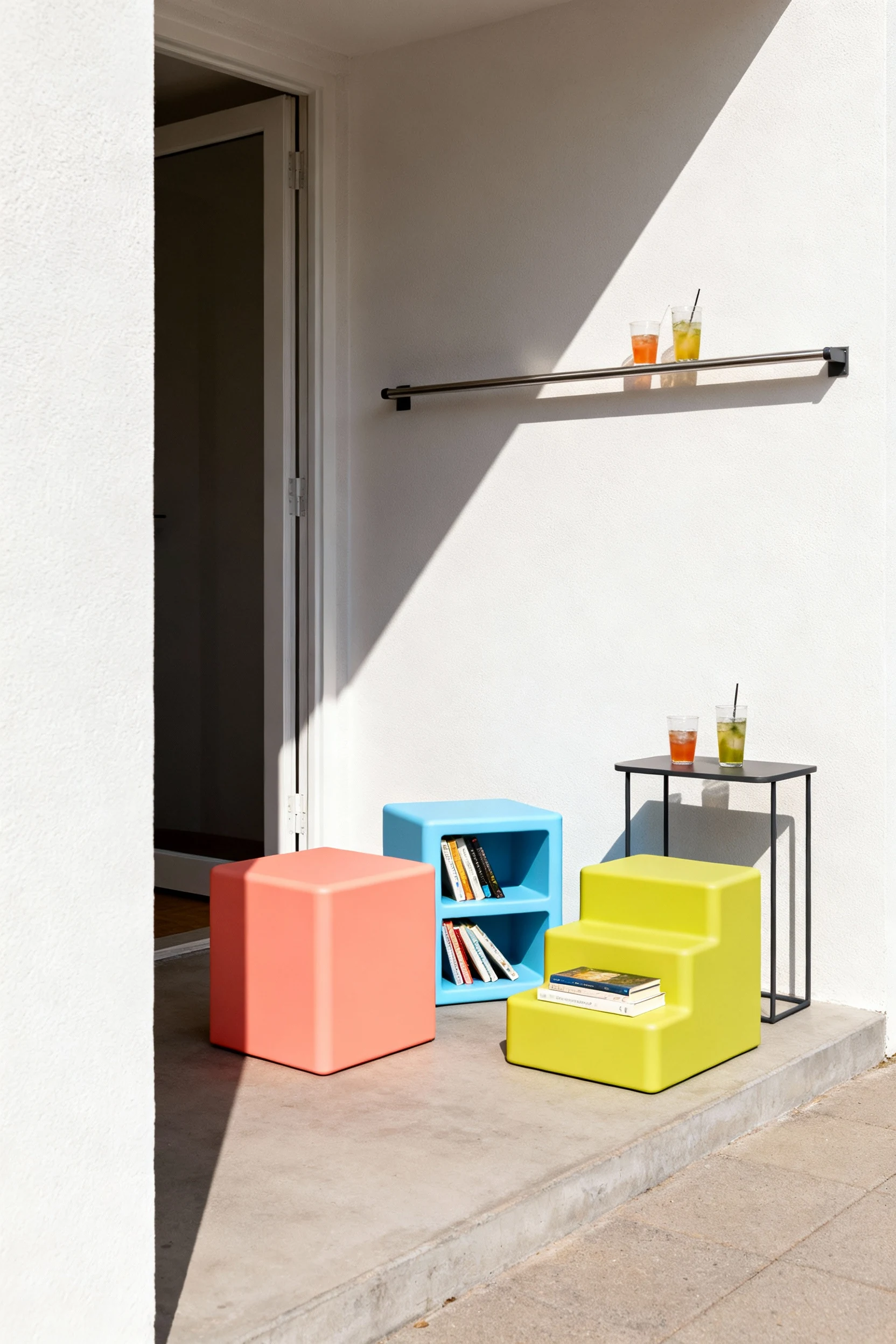 4. Photorealistic three-quarter medium shot from the doorway of a tiny terrace with modular weatherproof cube stools in
