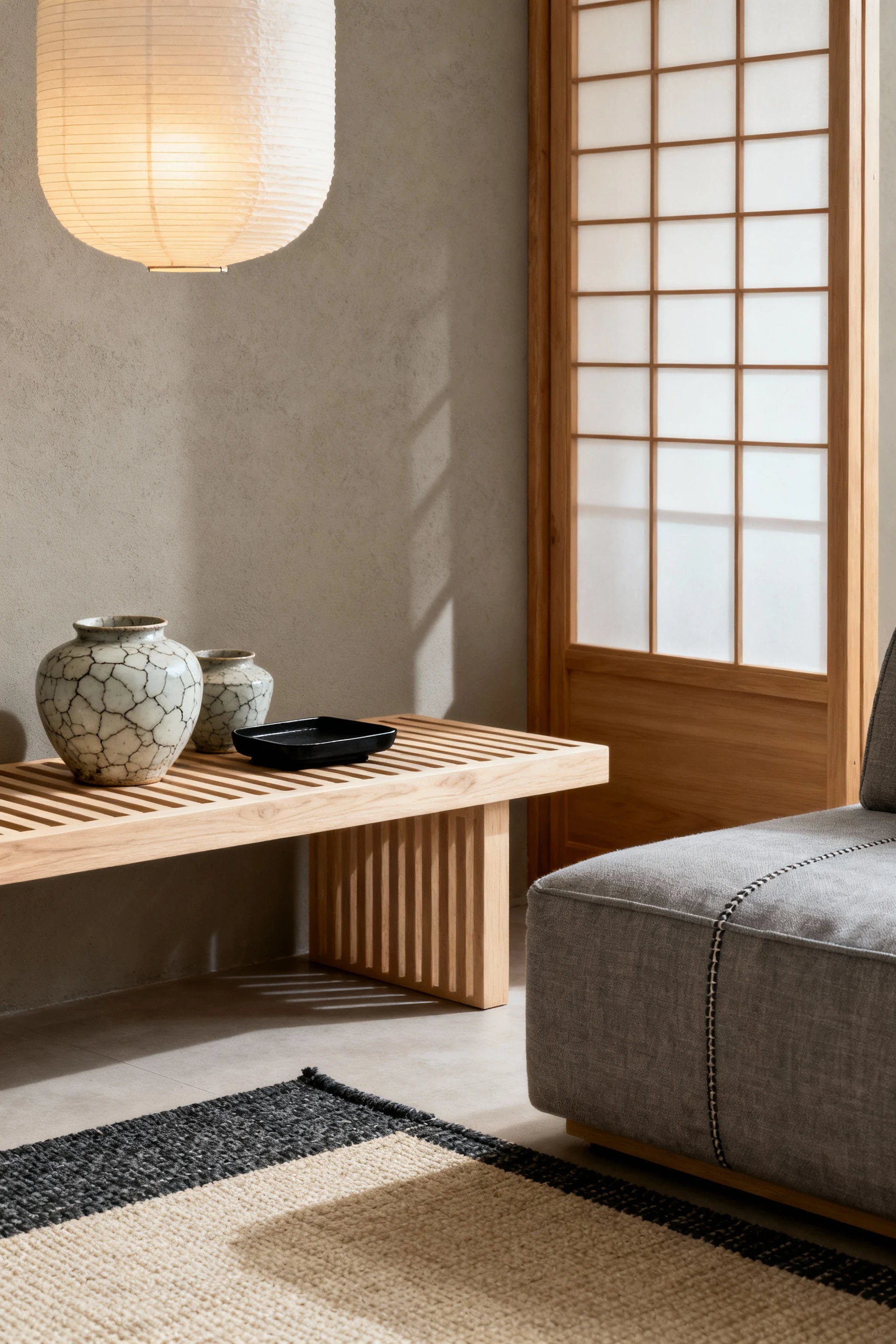 Photorealistic closeup detail of a Japandi calm neutral haven: greige walls and a tatami-inspired flatweave rug beneath 