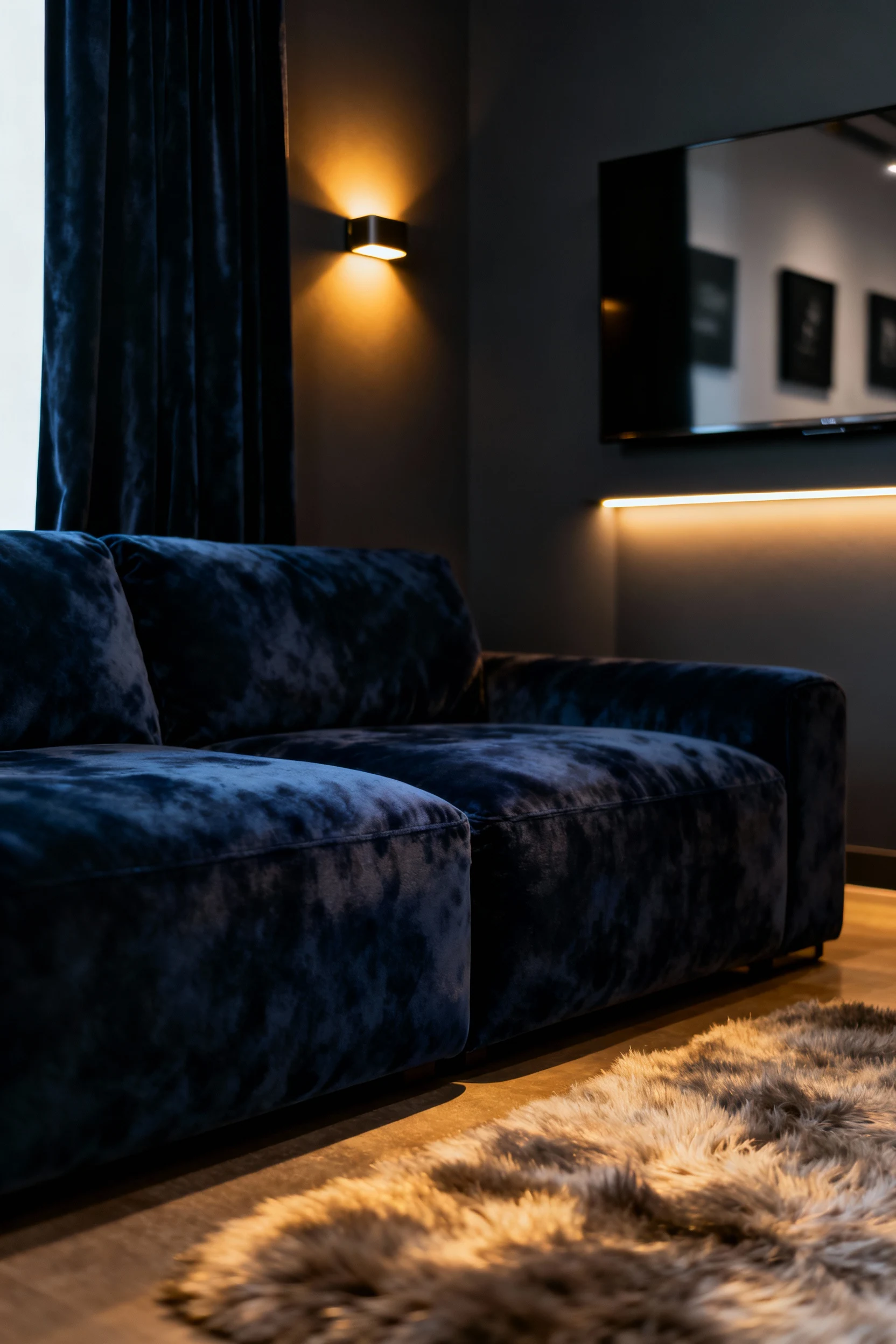 4. Photorealistic closeup detail shot of a dark cinema den: the deep navy velvet sectional’s plush texture against charc