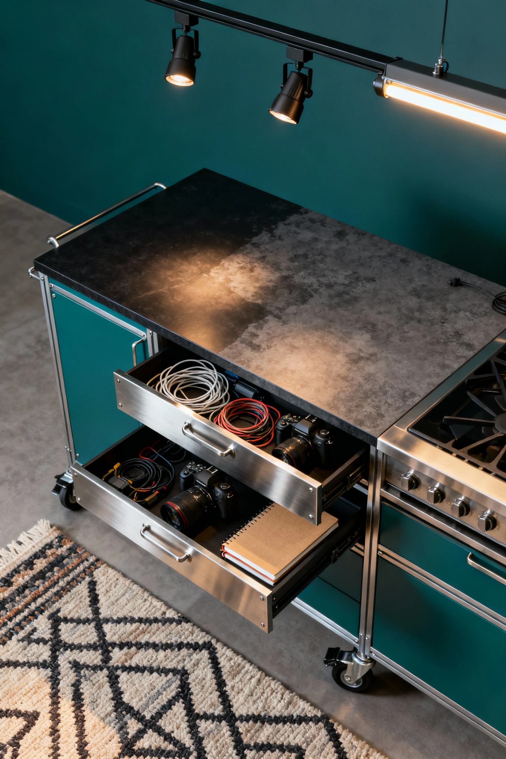 Overhead top-down shot of a rolling kitchen island used as a maker table: drawers open with neatly organized cables, cam
