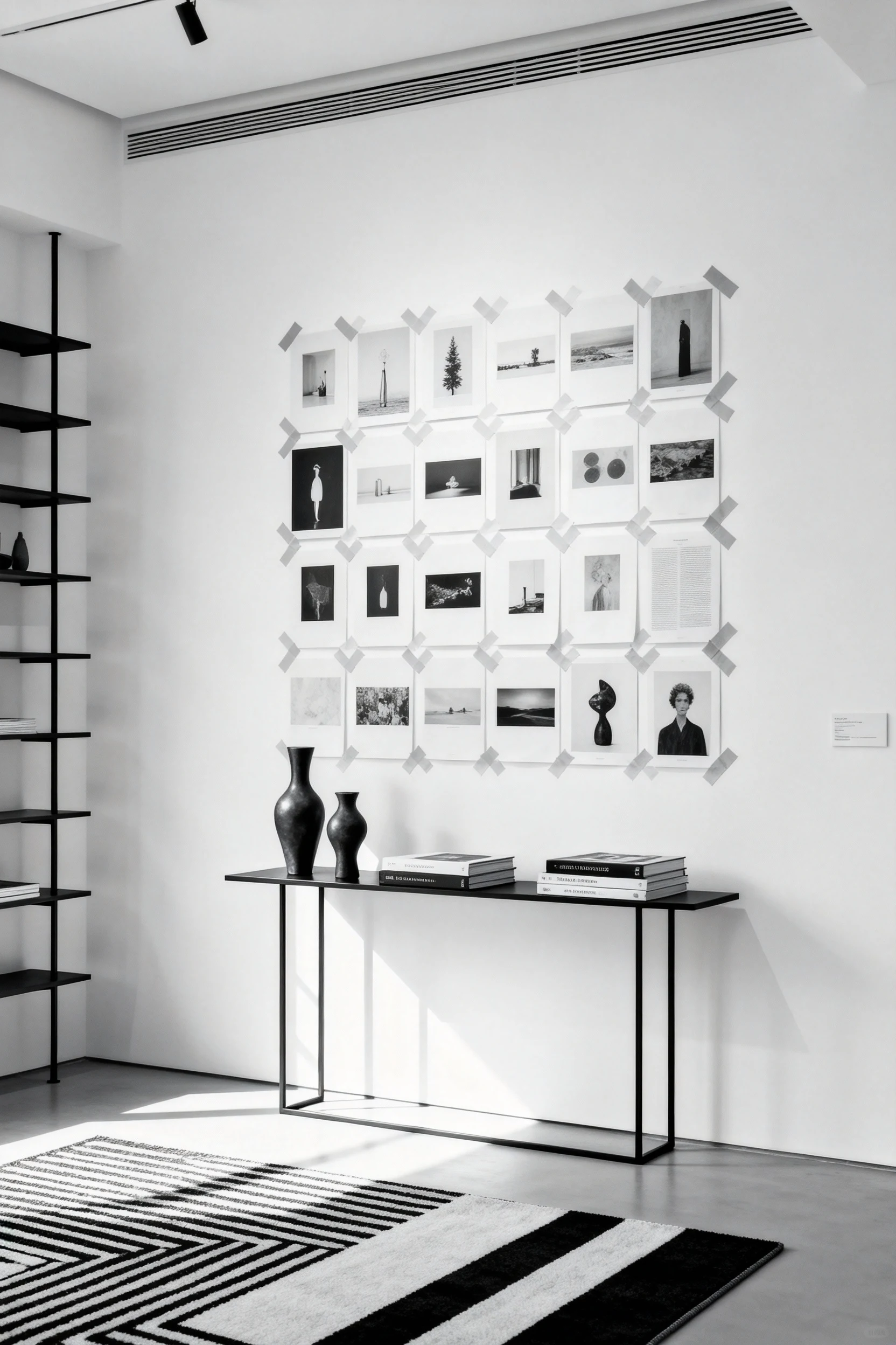 Photorealistic medium, straight-on modern black-and-white gallery: white walls with a striking gallery wall of lightweig
