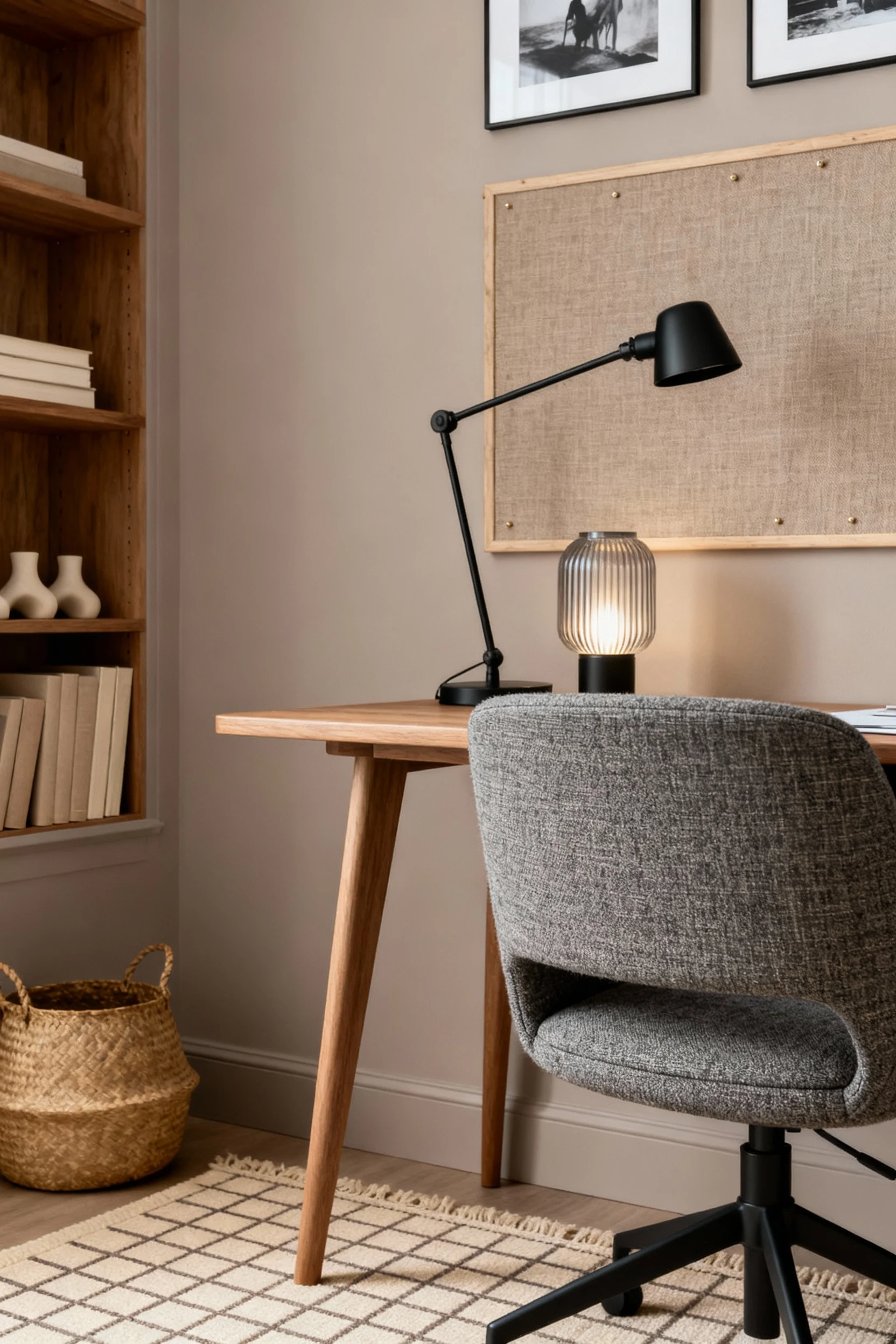 Closeup, corner-angle shot focusing on the tweed-upholstered stone-gray desk chair and slim oak desk against a pale taup