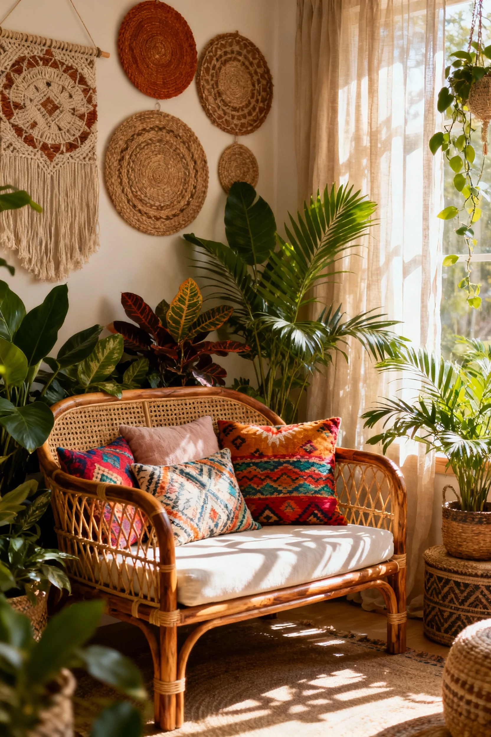 Photorealistic medium straight-on shot of a boho-chic seating nook layered with patterns, colors, and textures: rattan f