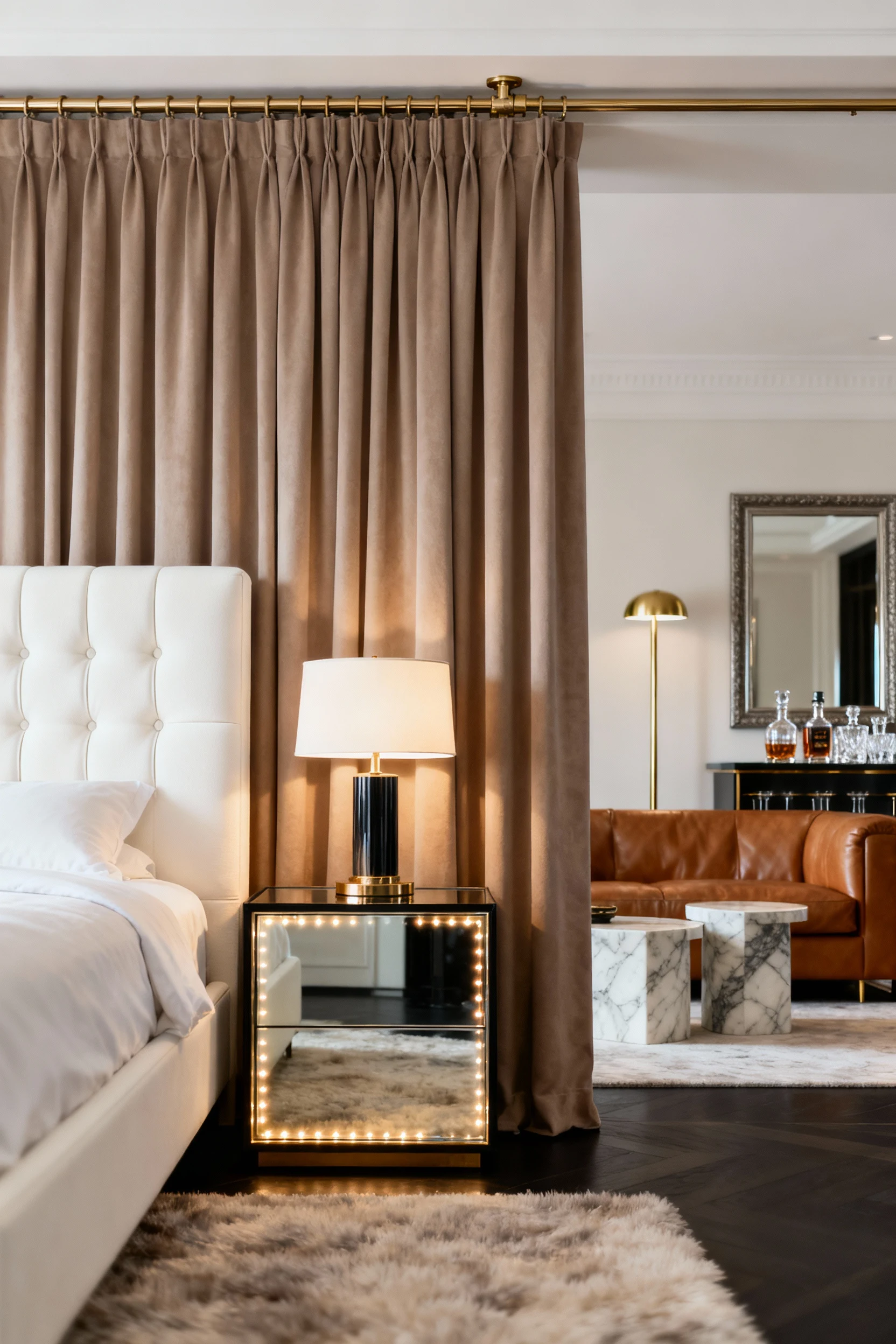 4. Photorealistic close-up detail with shallow depth of field: a ceiling-mounted curtain track wraps the bed in floor-to