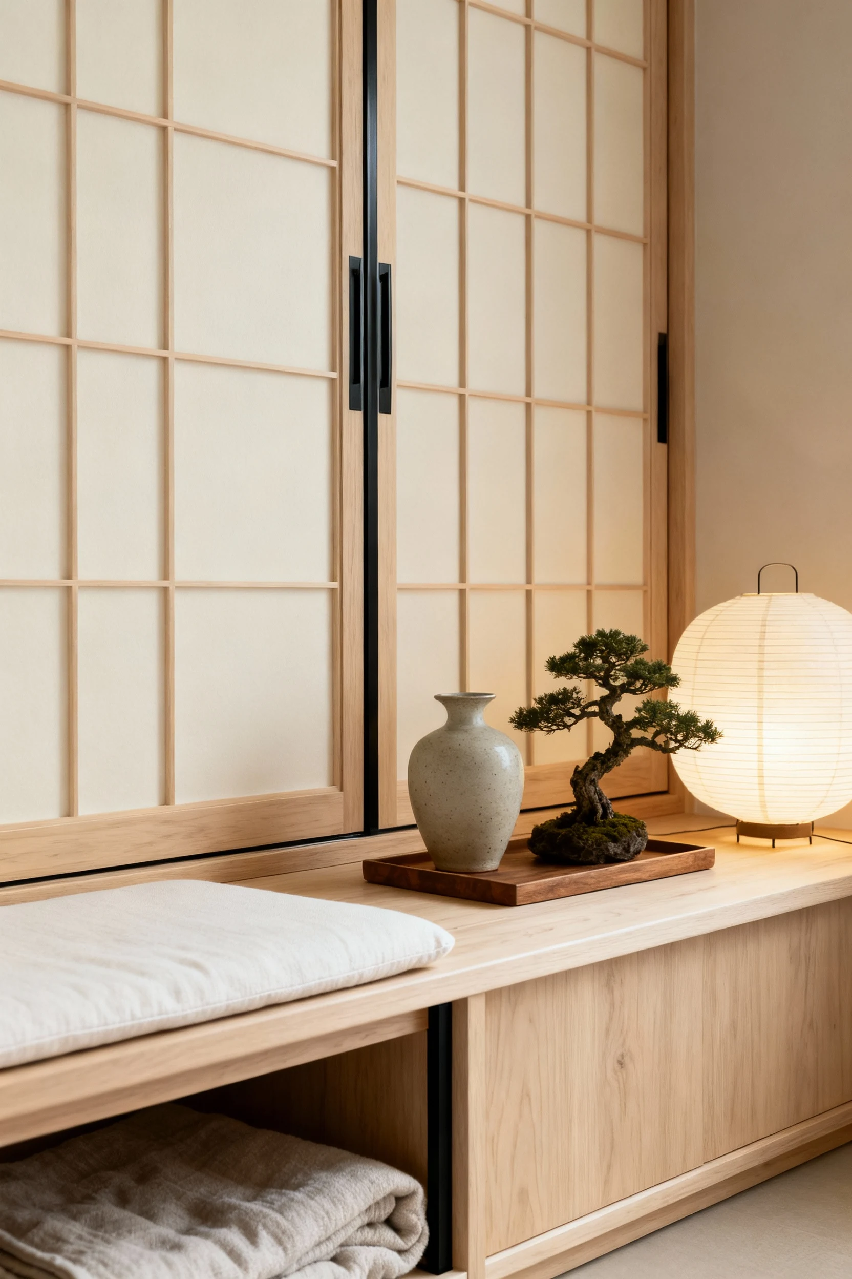 Closeup detail of Japandi serenity: shoji-style sliding wardrobe in pale wood with creamy off-white panels and slim blac