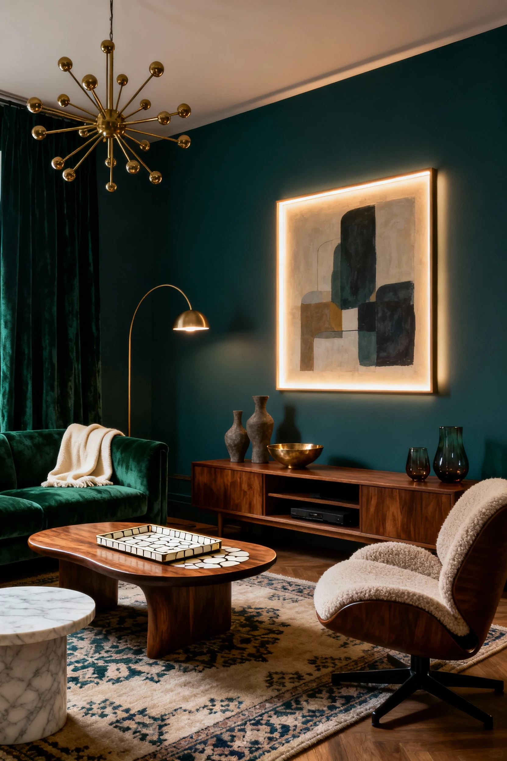 4. Medium, three-quarter view of a moody mid-century lounge: deep teal walls, forest-green velvet sofa with a bone throw