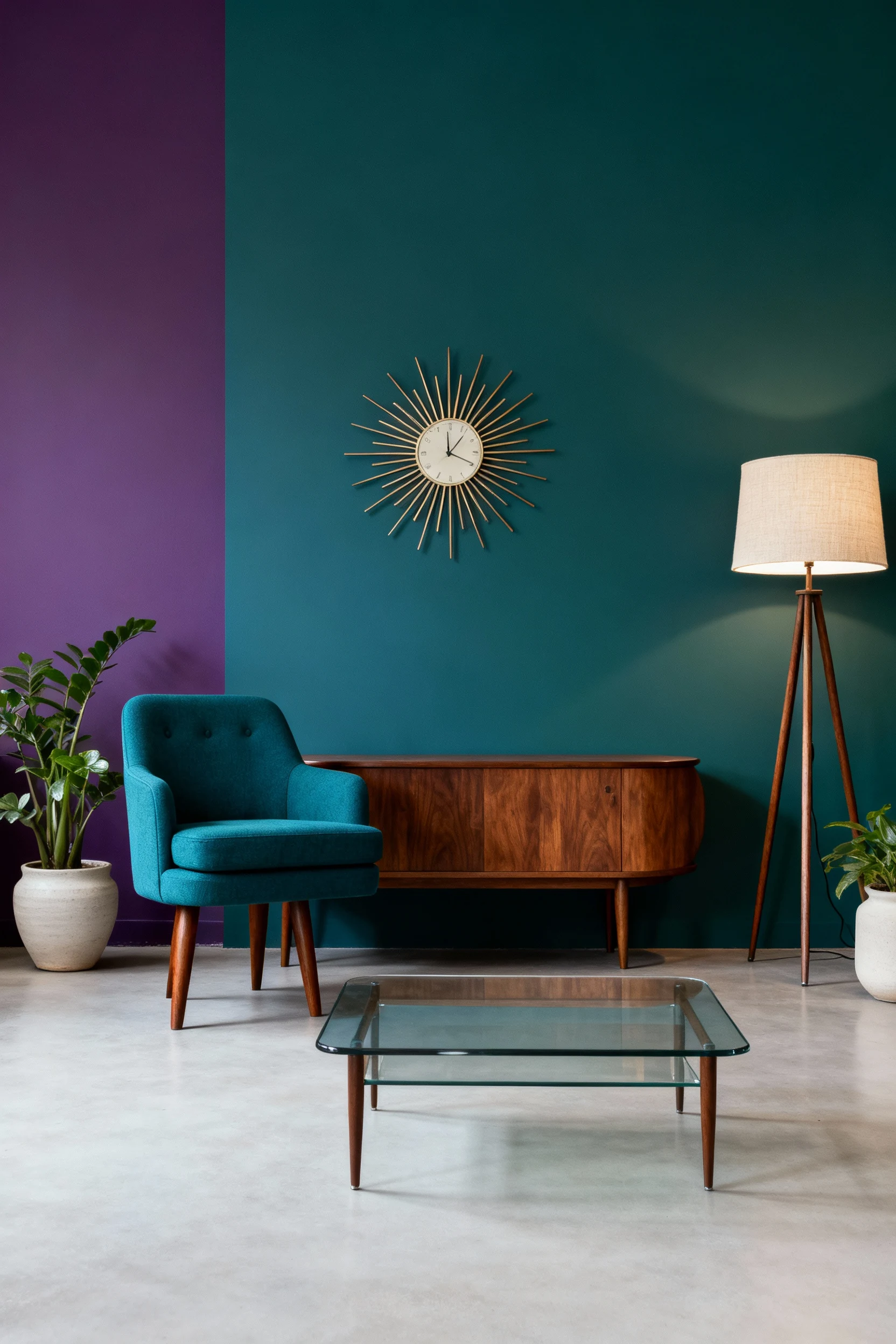 Wide-angle straight-on view of a mid-century minimalist living room setup, showing a tailored loveseat in muted teal wit