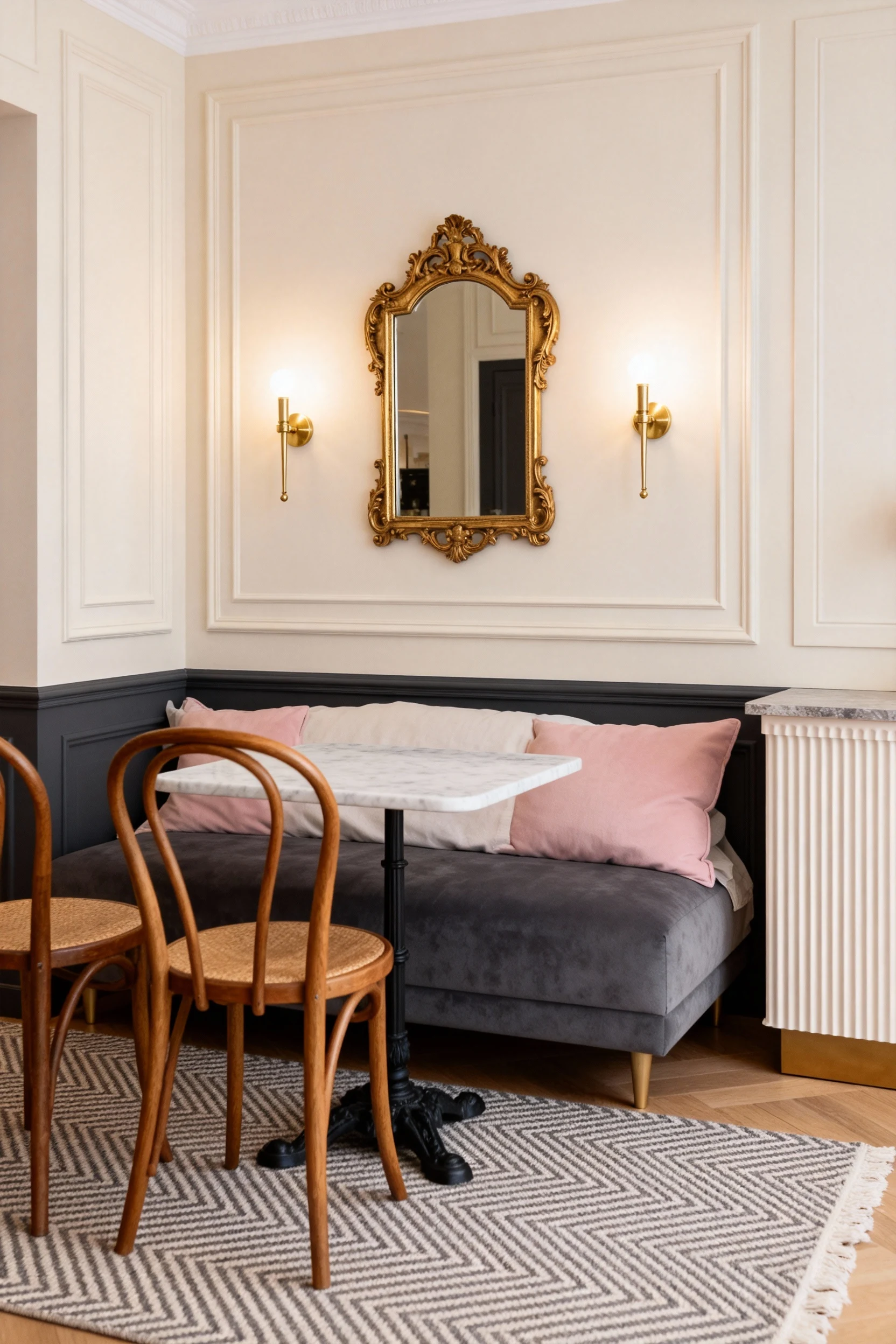 4. Medium straight-on view of a petite Parisian vignette: simple picture frame molding on the wall, a slim marble bistro