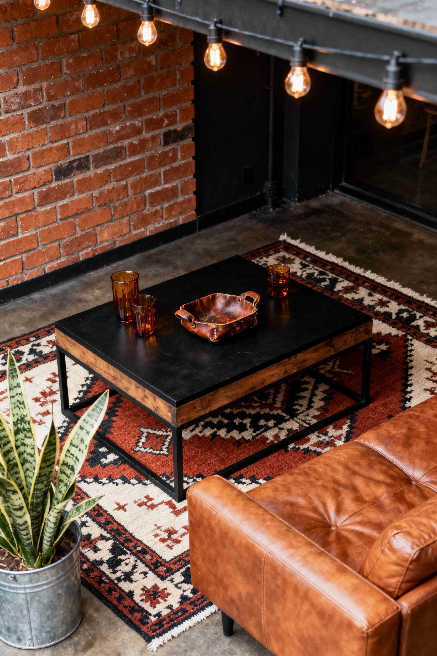 Overhead detail shot of a soft industrial nook: a black metal-and-wood coffee table styled with amber glassware and a wo