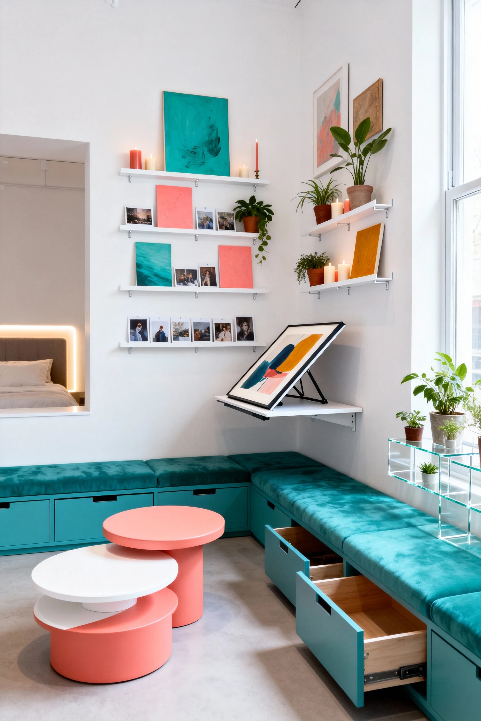 Photorealistic wide straight-on view of a color-pop gallery studio wall: crisp white walls with white metal photo ledges