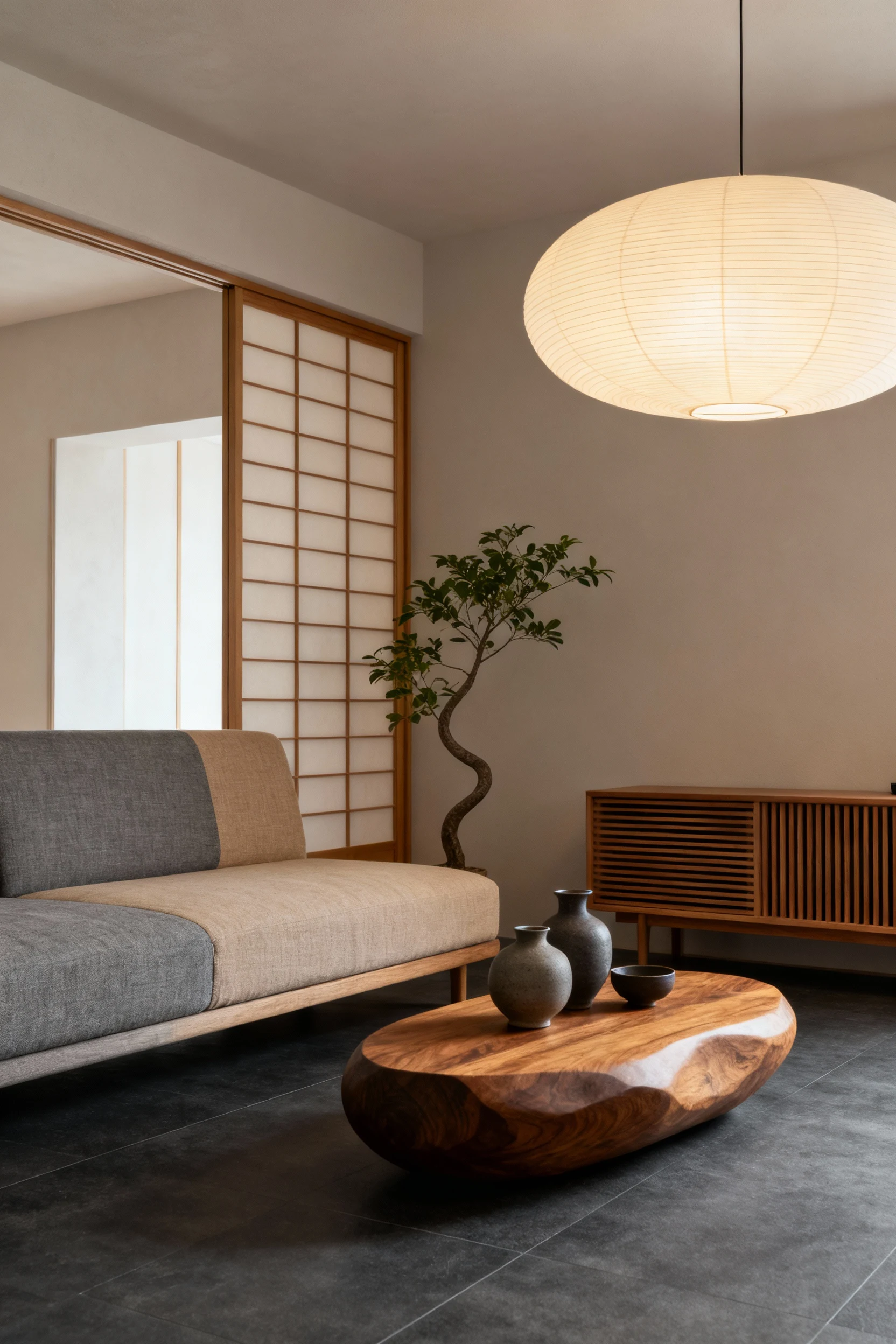 Photorealistic low-angle medium shot from a corner: low-profile linen sofa in stone and sand tones, slatted ash media un