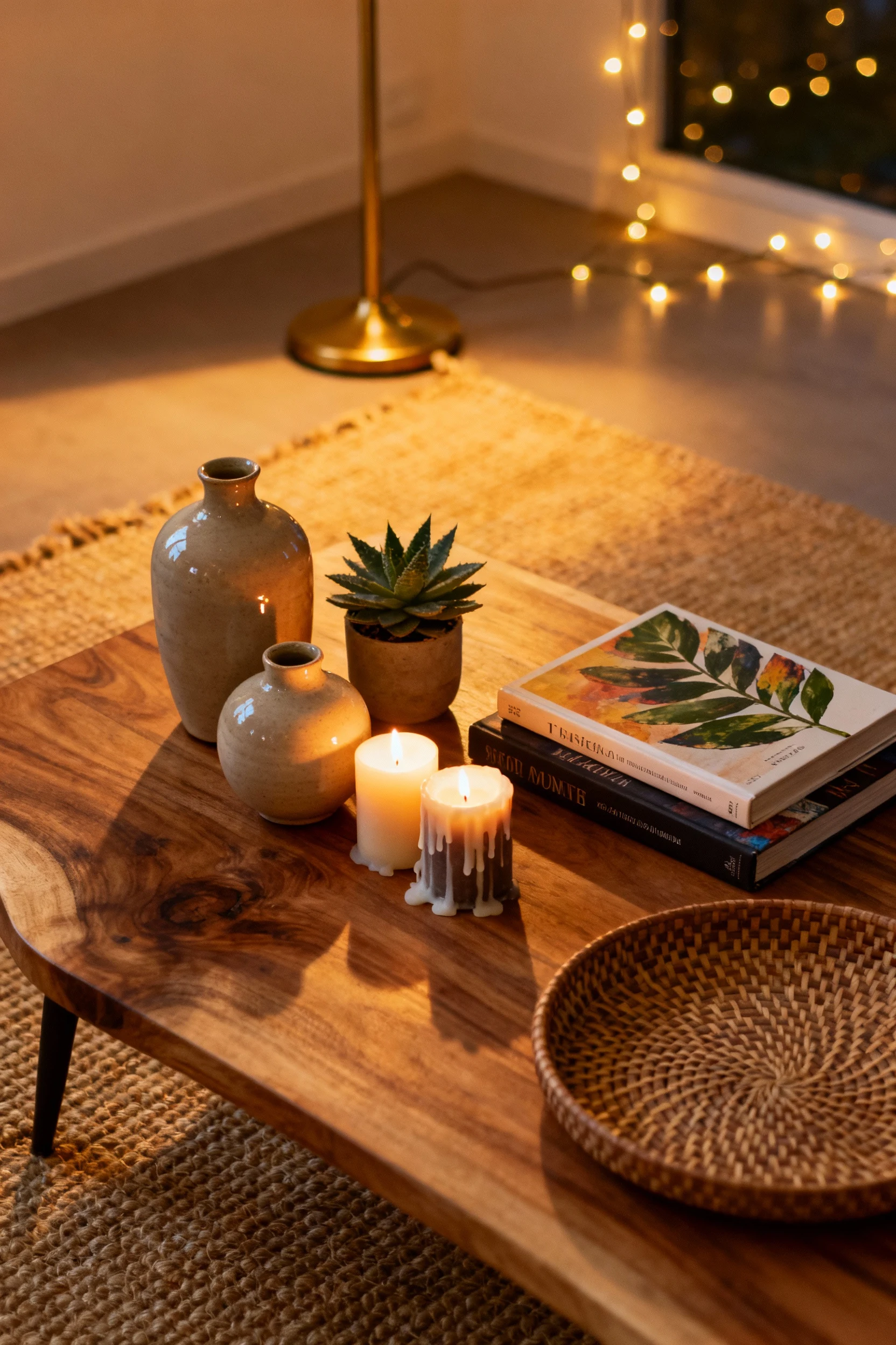 Overhead detail of coffee table styling: natural wood table on a jute rug arranged with ceramic vases, candles, a small