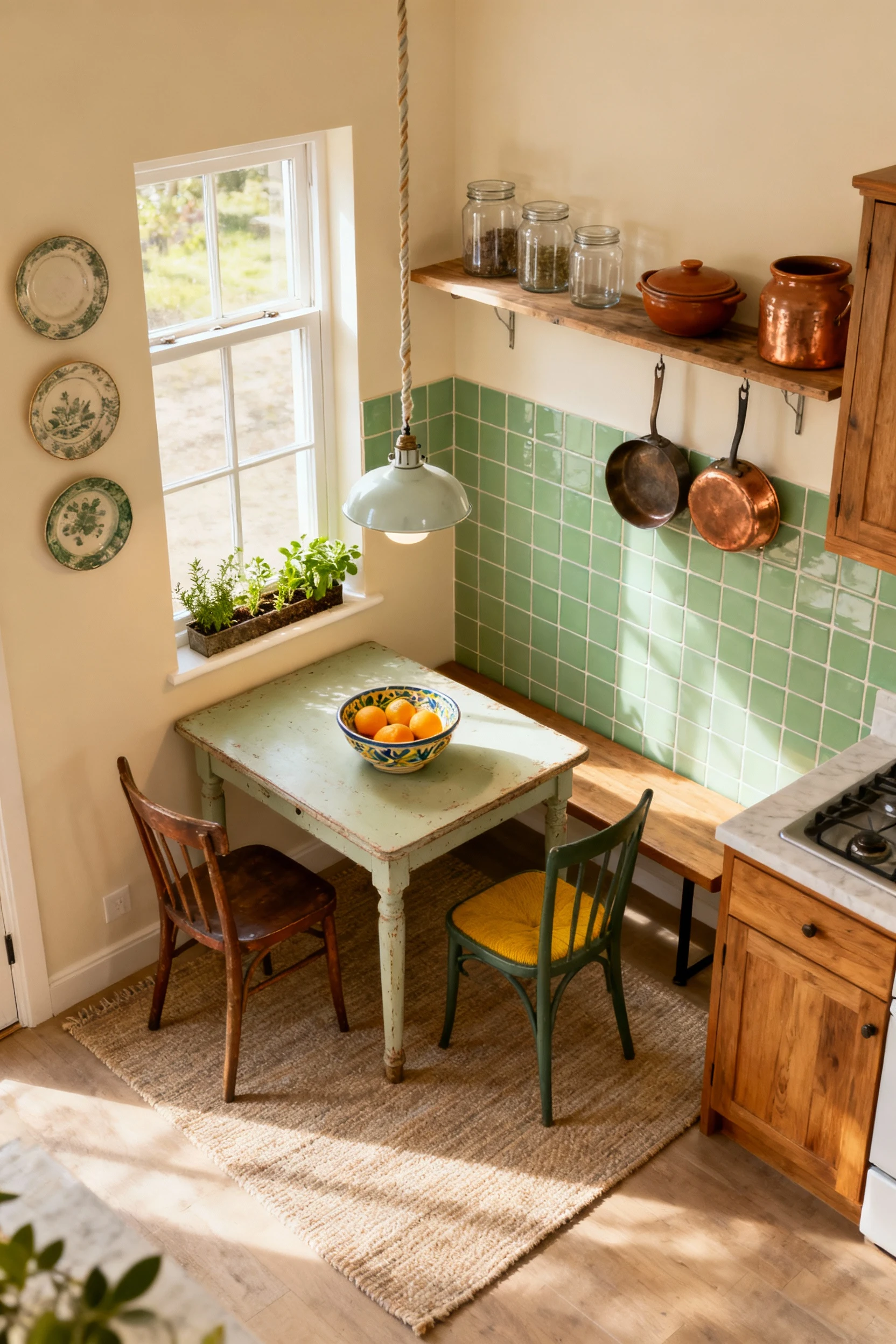 High-angle overhead corner shot of an artful eat-in kitchen nook: creamy walls, warm wood, soft green peel-and-stick zel