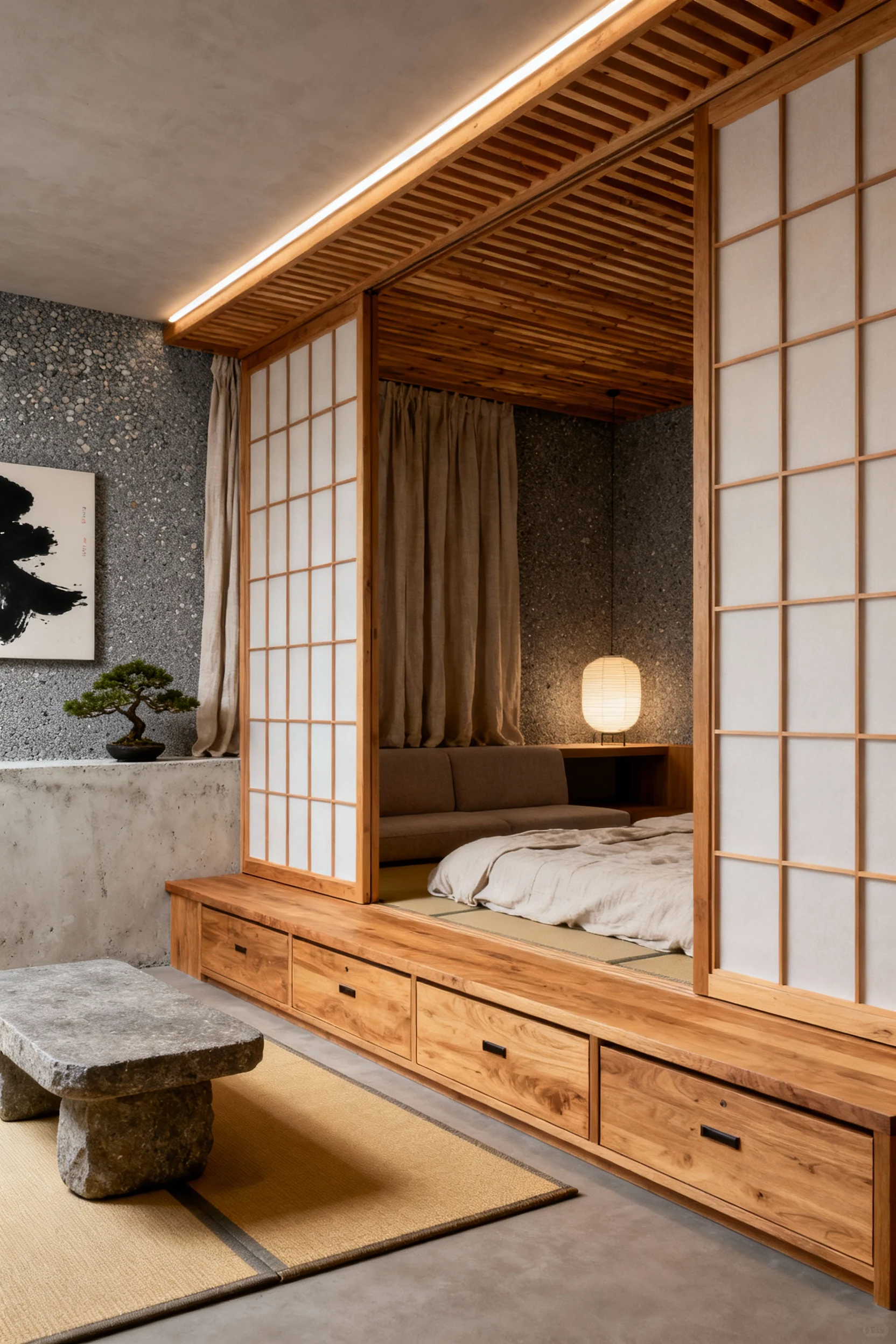 Photorealistic medium shot from a corner angle of a serene platform pavilion bedroom: honey-toned ash wood platform with