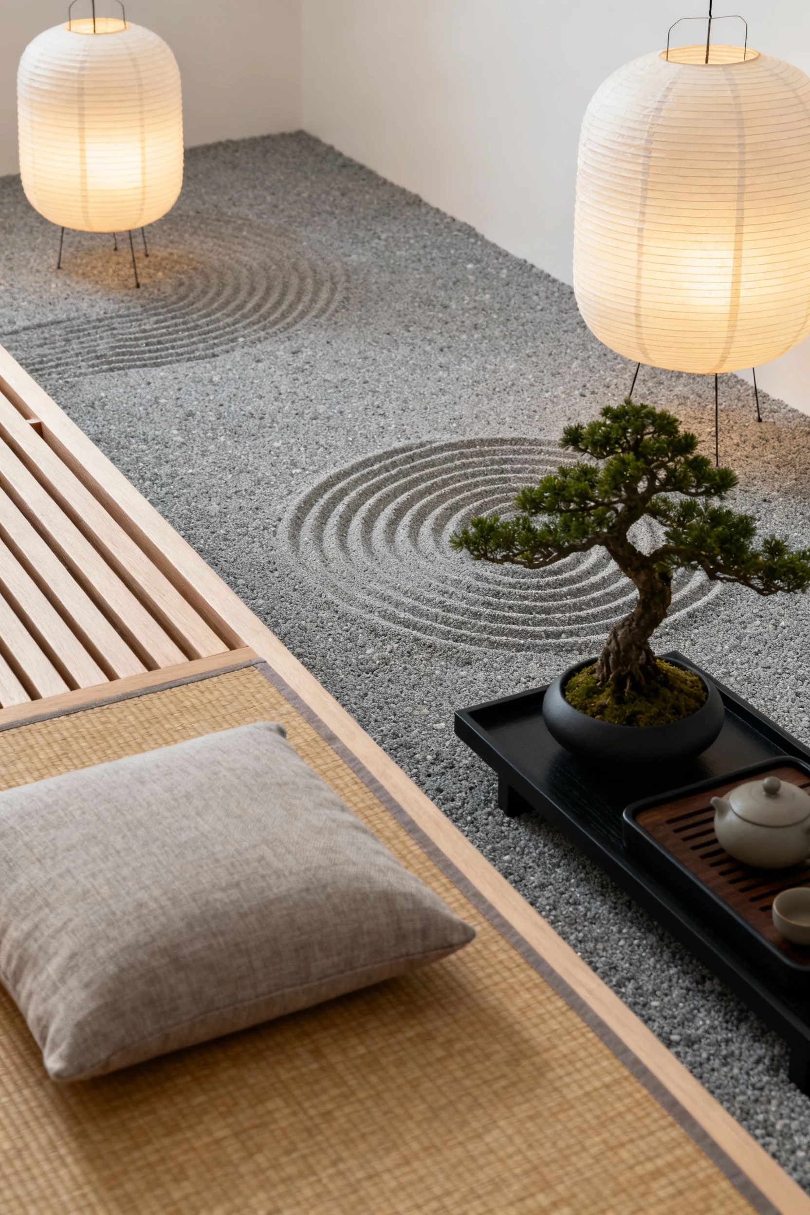 Photorealistic closeup straight-on minimal zen vignette: faux gravel mat with stenciled raked-sand pattern, slim wood sl