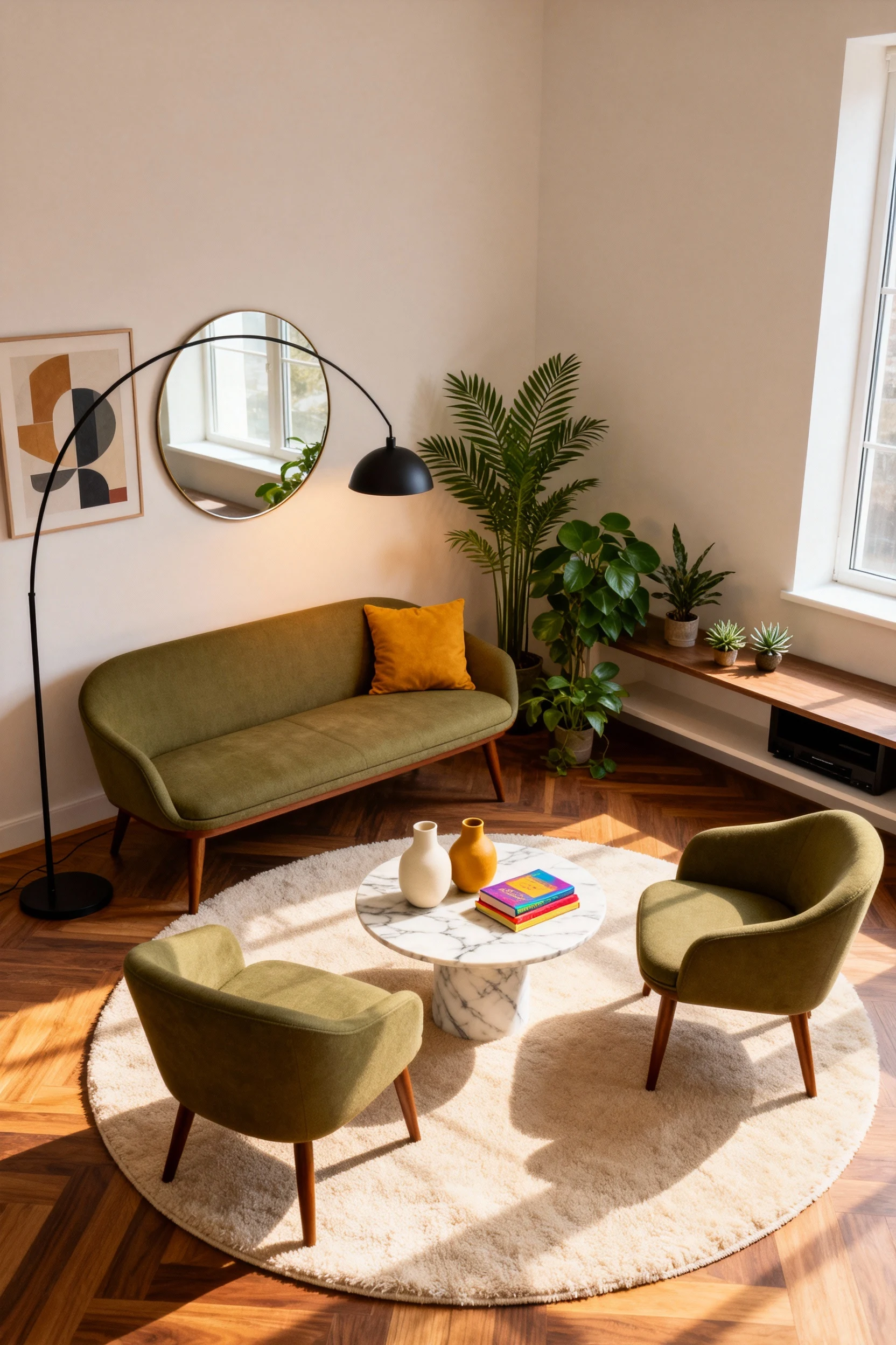 Photorealistic medium-wide corner-angle view of a diagonal mid-century layout: slim olive green sofa with tapered walnut